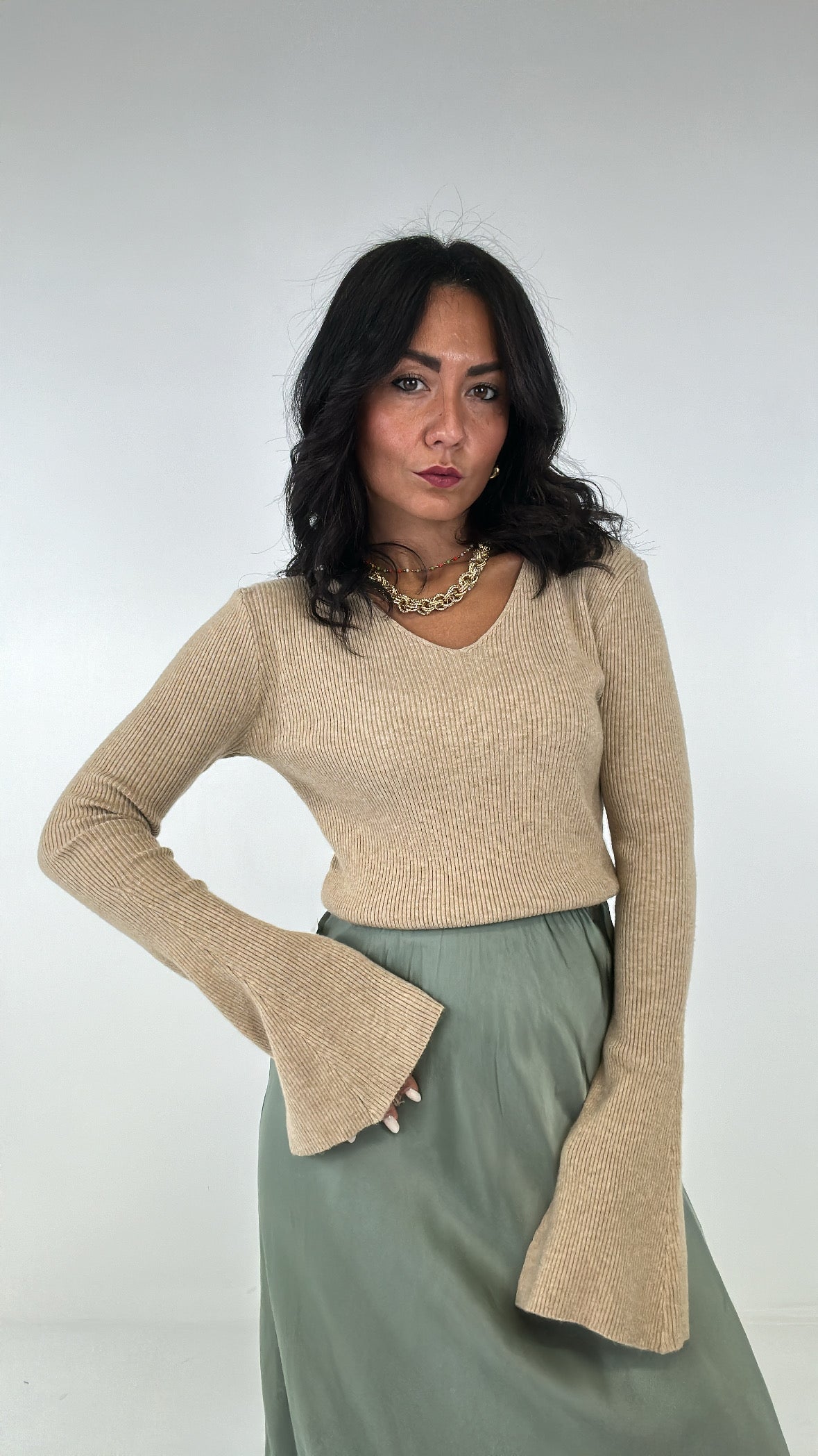 Pull V MANICA LARGA - CAMMELLO