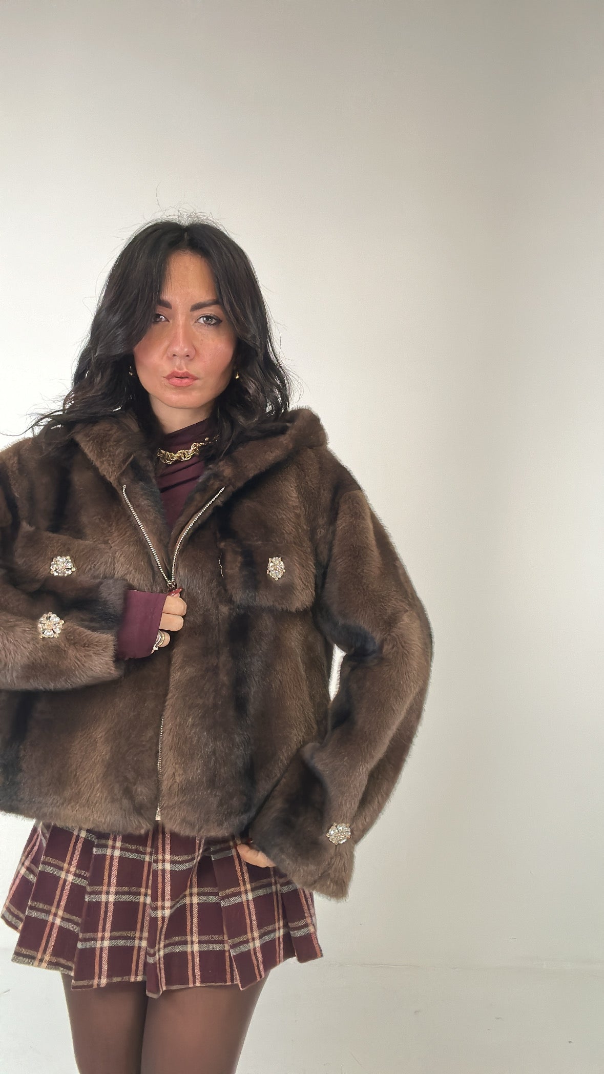 Ecopelliccia CAPPUCCIO E STRASS - MARRONE