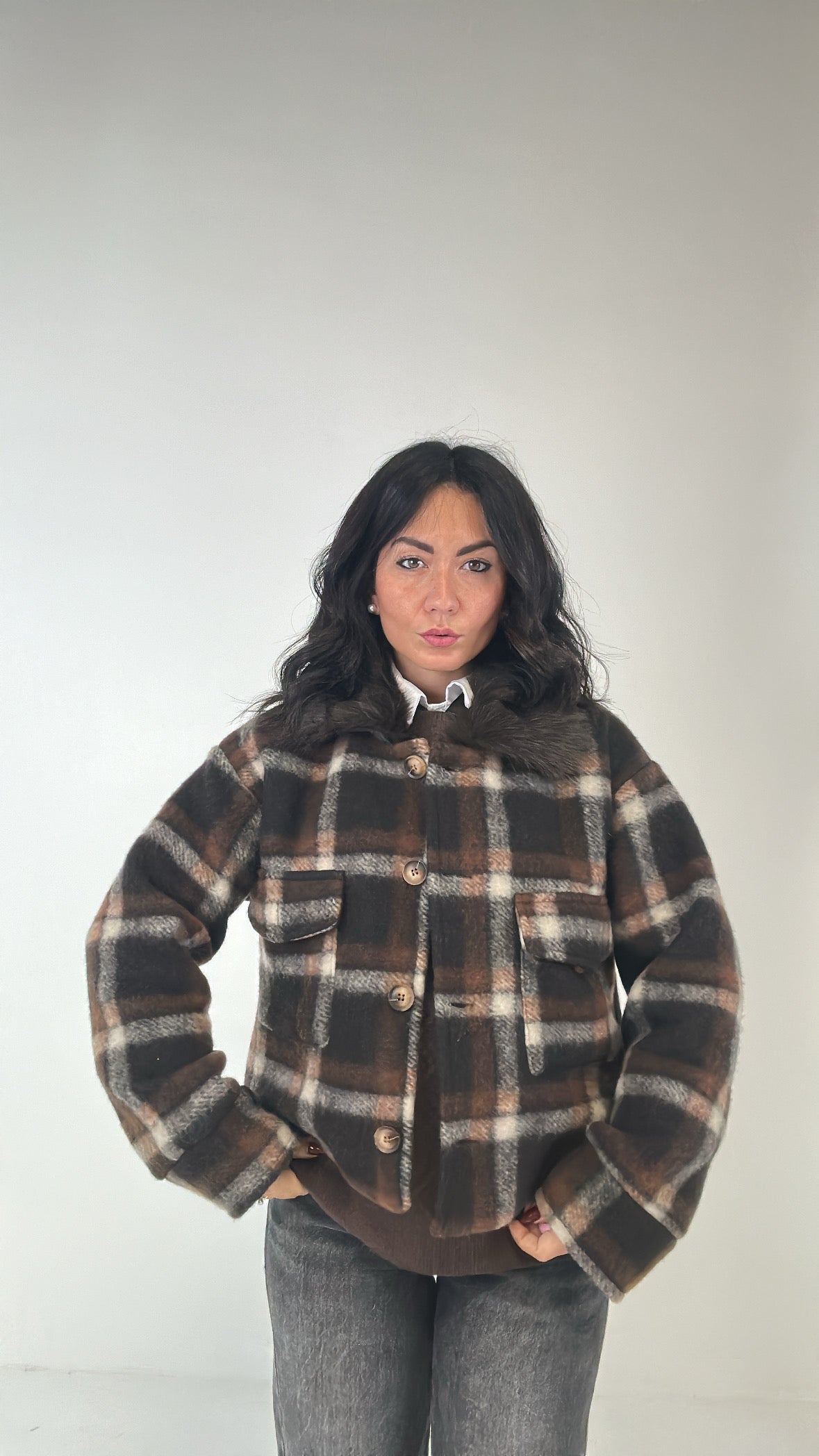 Cappotto CORTO A QUADRONI - MARRONE