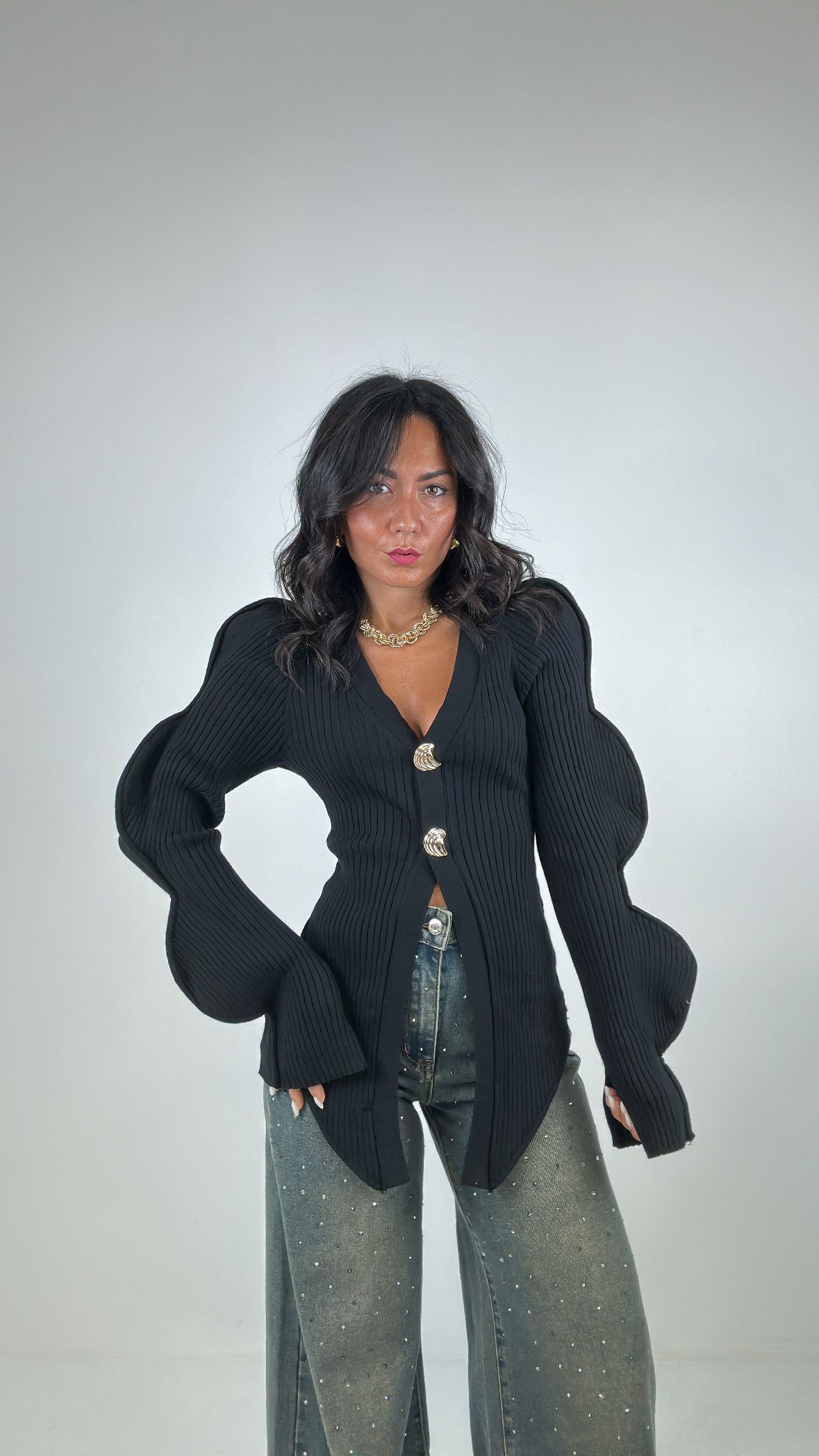 Cardigan MANICA ONDA - NERO