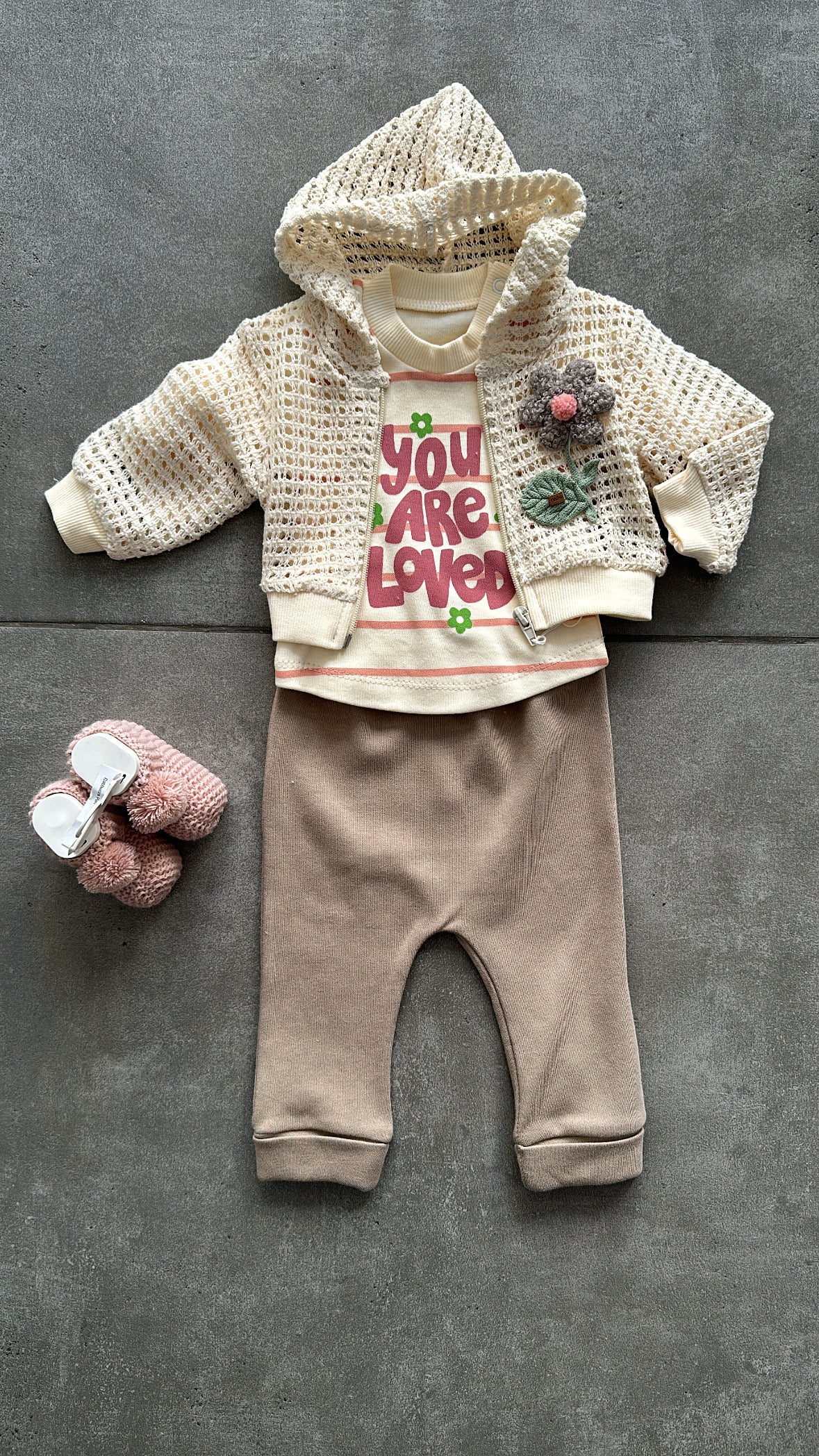 Cordinato 3 PZ CON FIORE RICAMO 0-9M - BEIGE