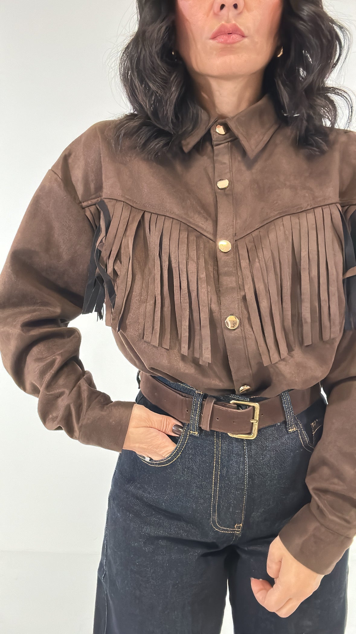 Camicia IN CAMOSCIO CON FRANGE - MARRONE