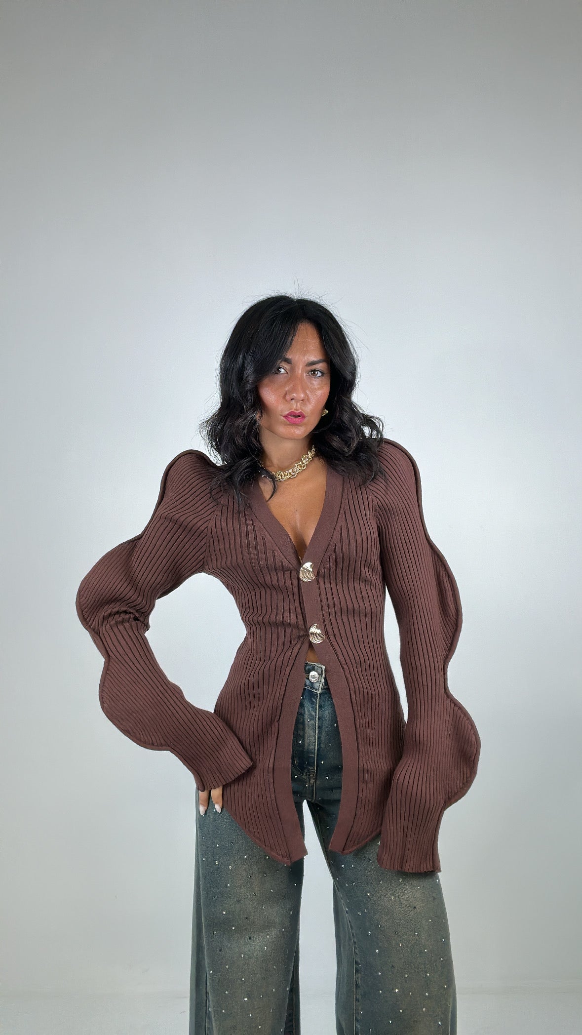 Cardigan MANICA ONDA - MARRONE