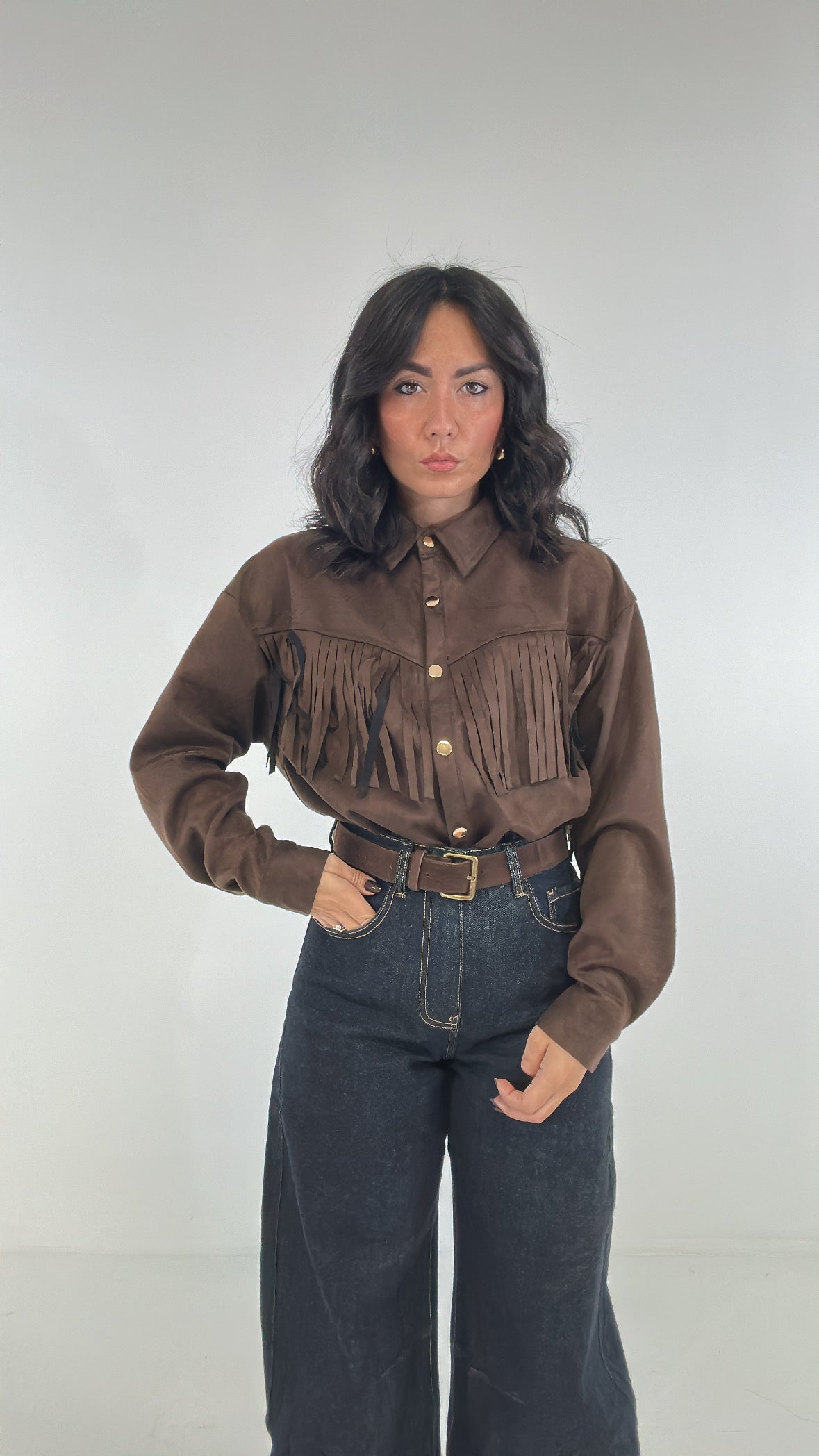 Camicia IN CAMOSCIO CON FRANGE - MARRONE