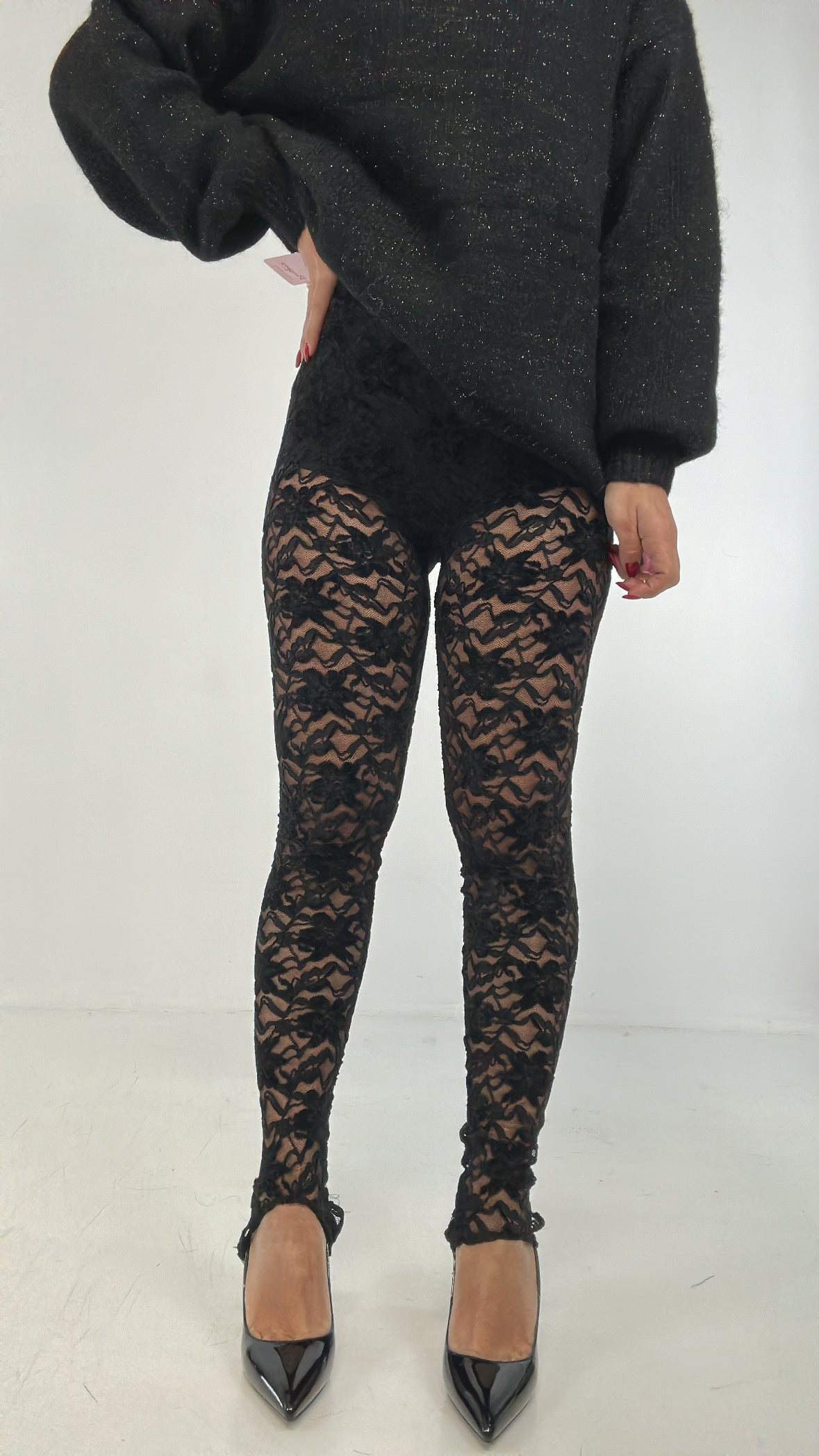 Leggins CON GHETTA IN PIZZO - NERO