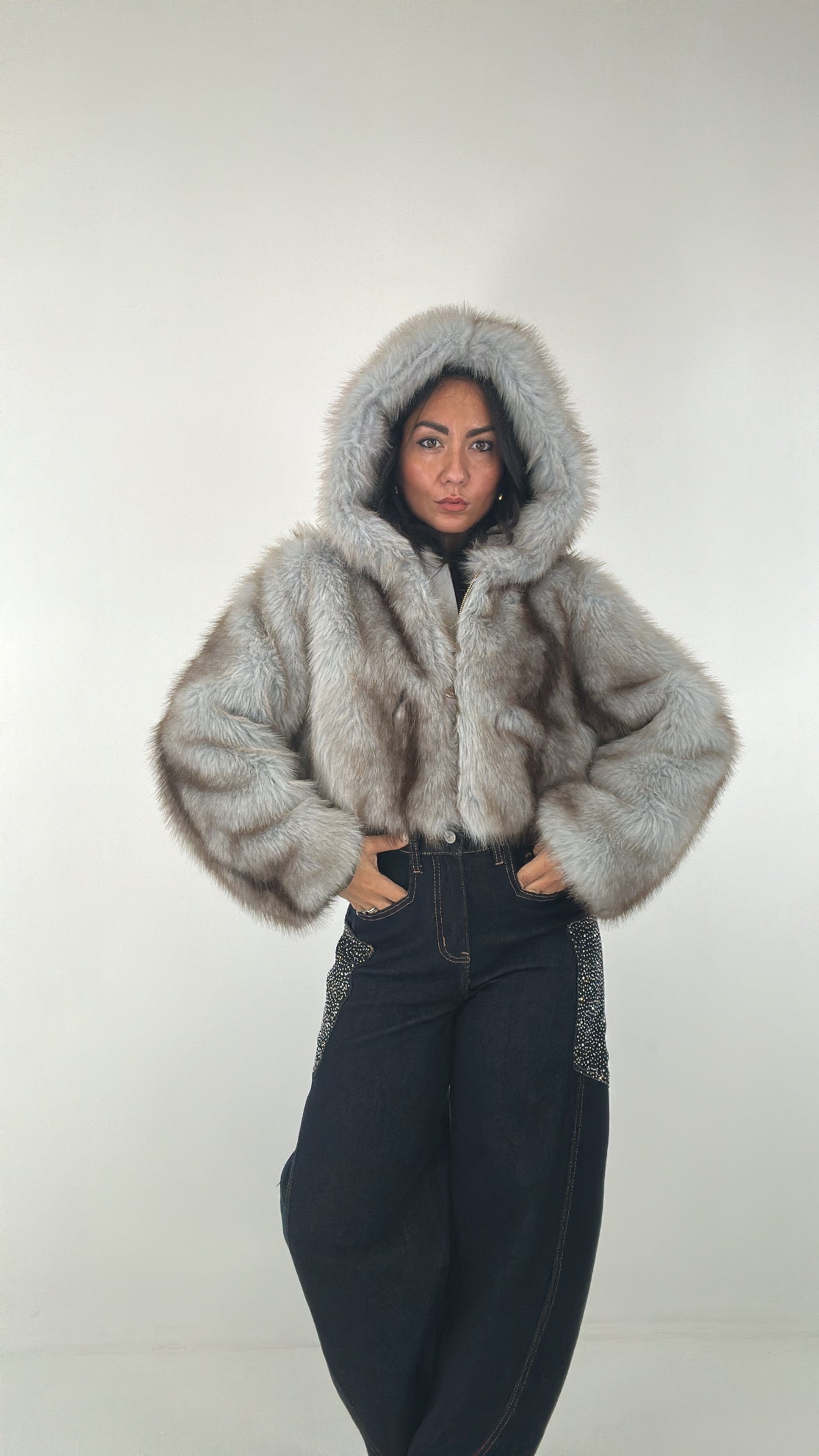 Ecopelliccia CROP CON CAPPUCCIO - MARRONE