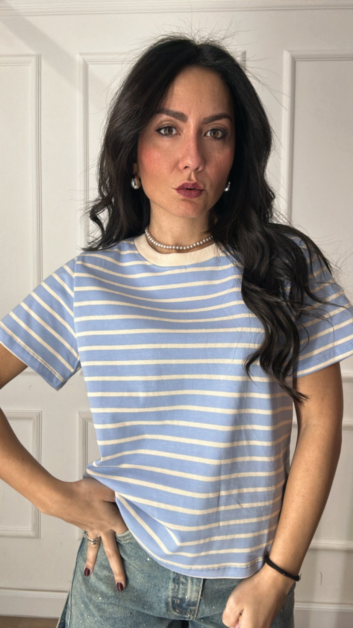 T-shirt CON RIGHE - CELESTE