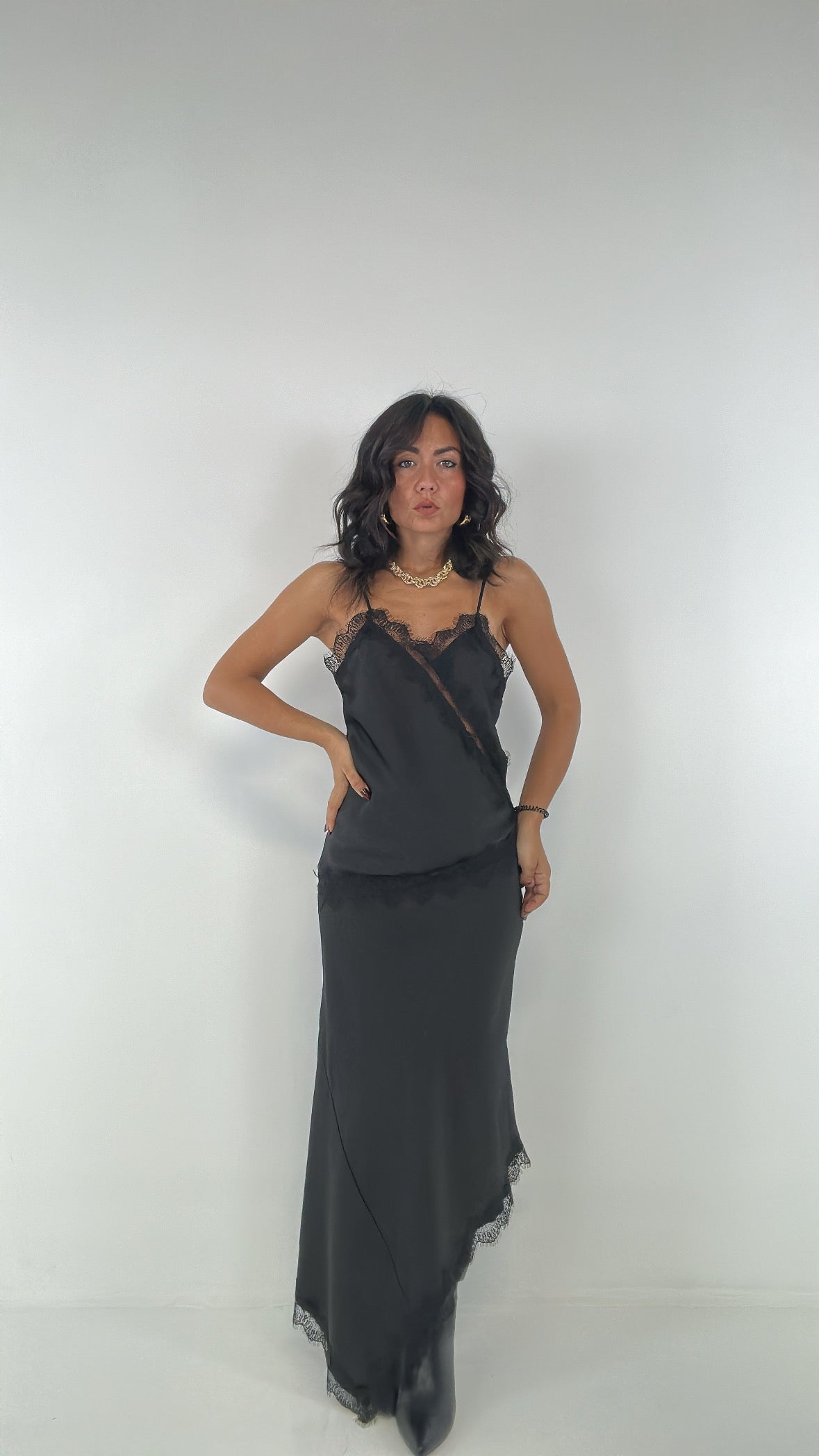 Gonna SATIN PIZZO TRASVERSALE - NERO