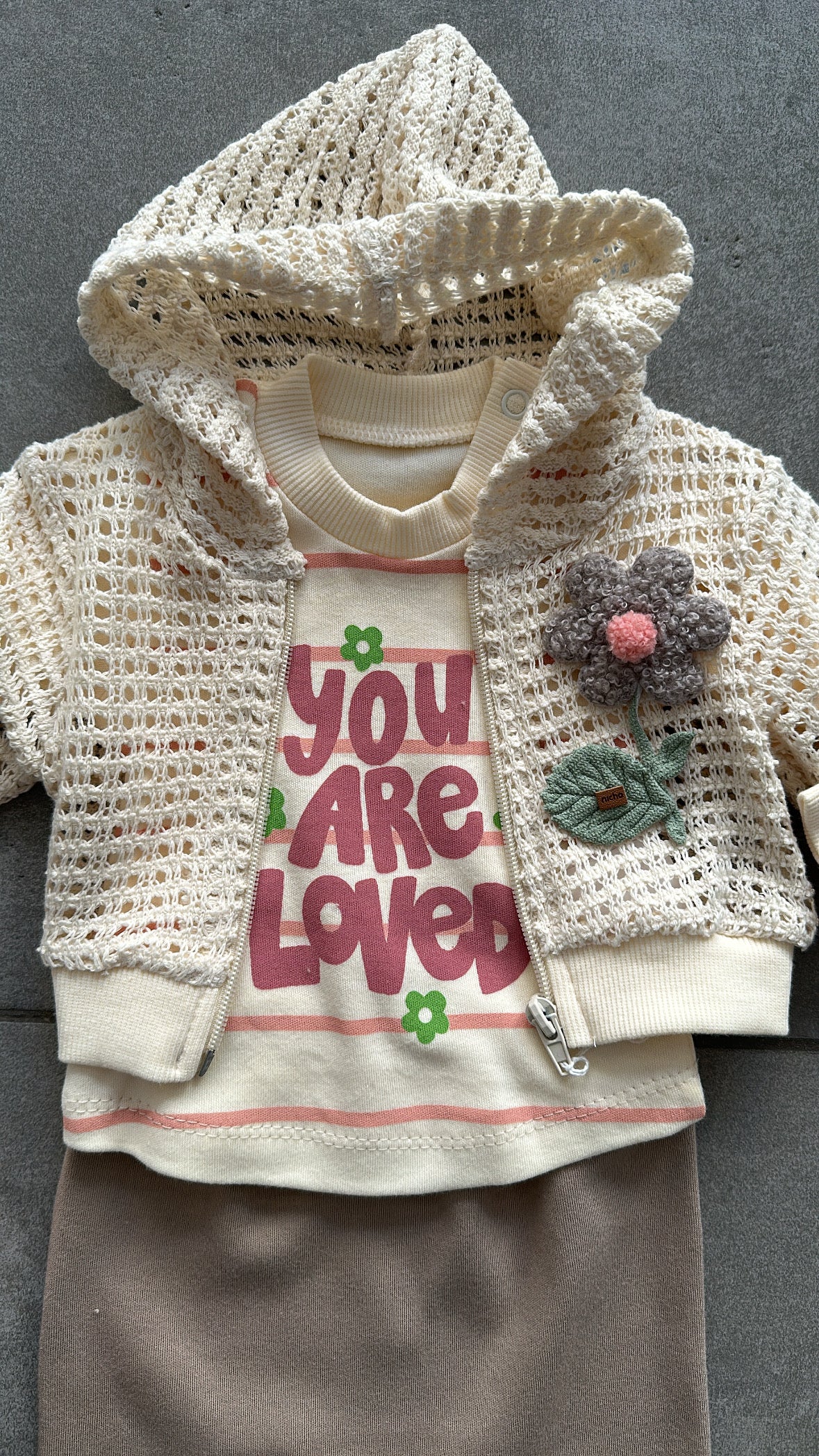 Cordinato 3 PZ CON FIORE RICAMO 0-9M - BEIGE