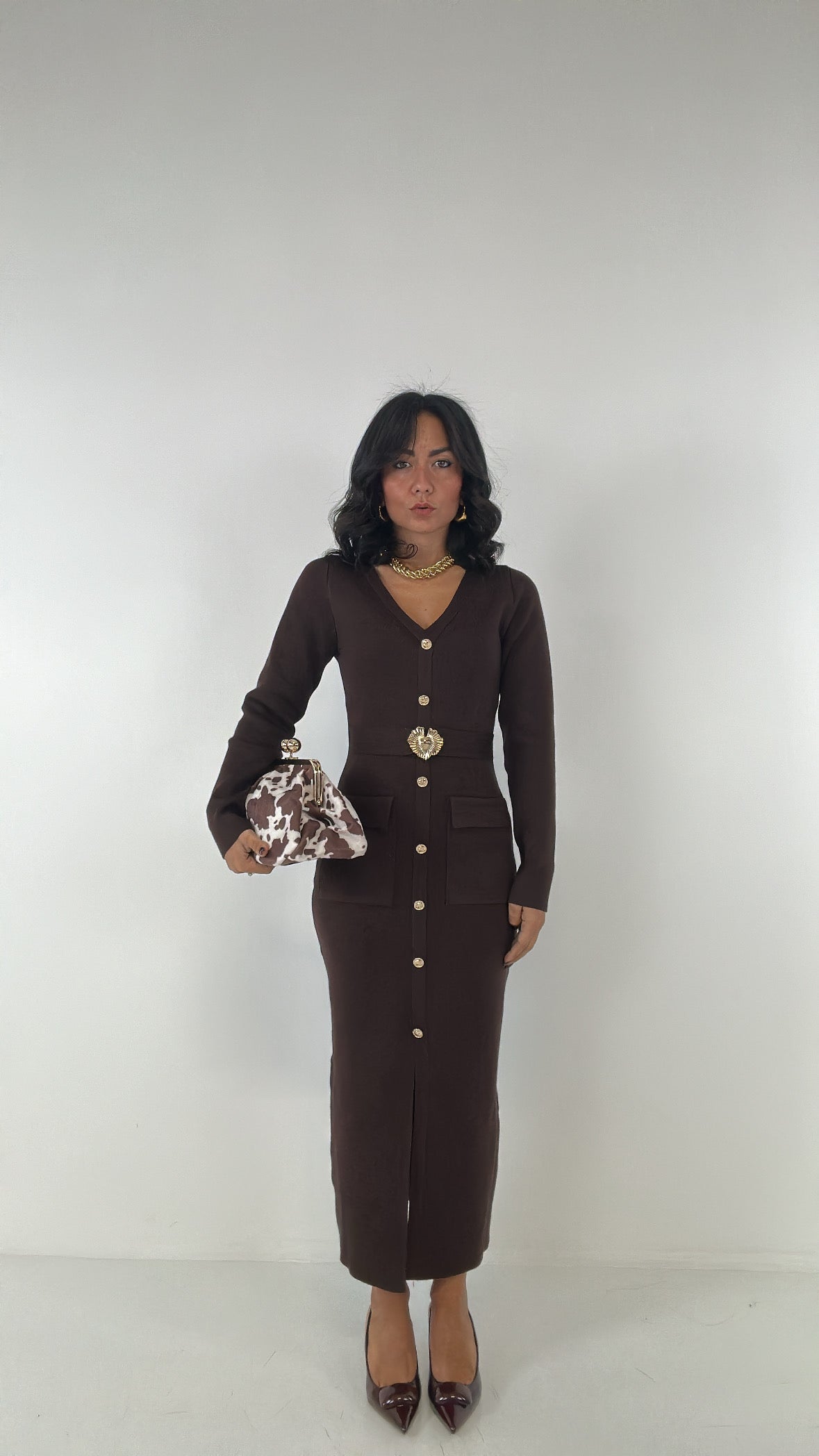 Abito IN MAGLIA CINTURA ORO - MARRONE