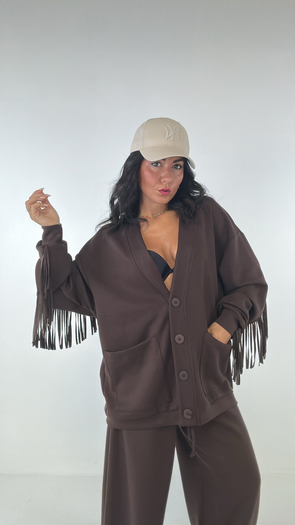 Cardigan FELPA LUMINA FRANGE - MARRONE