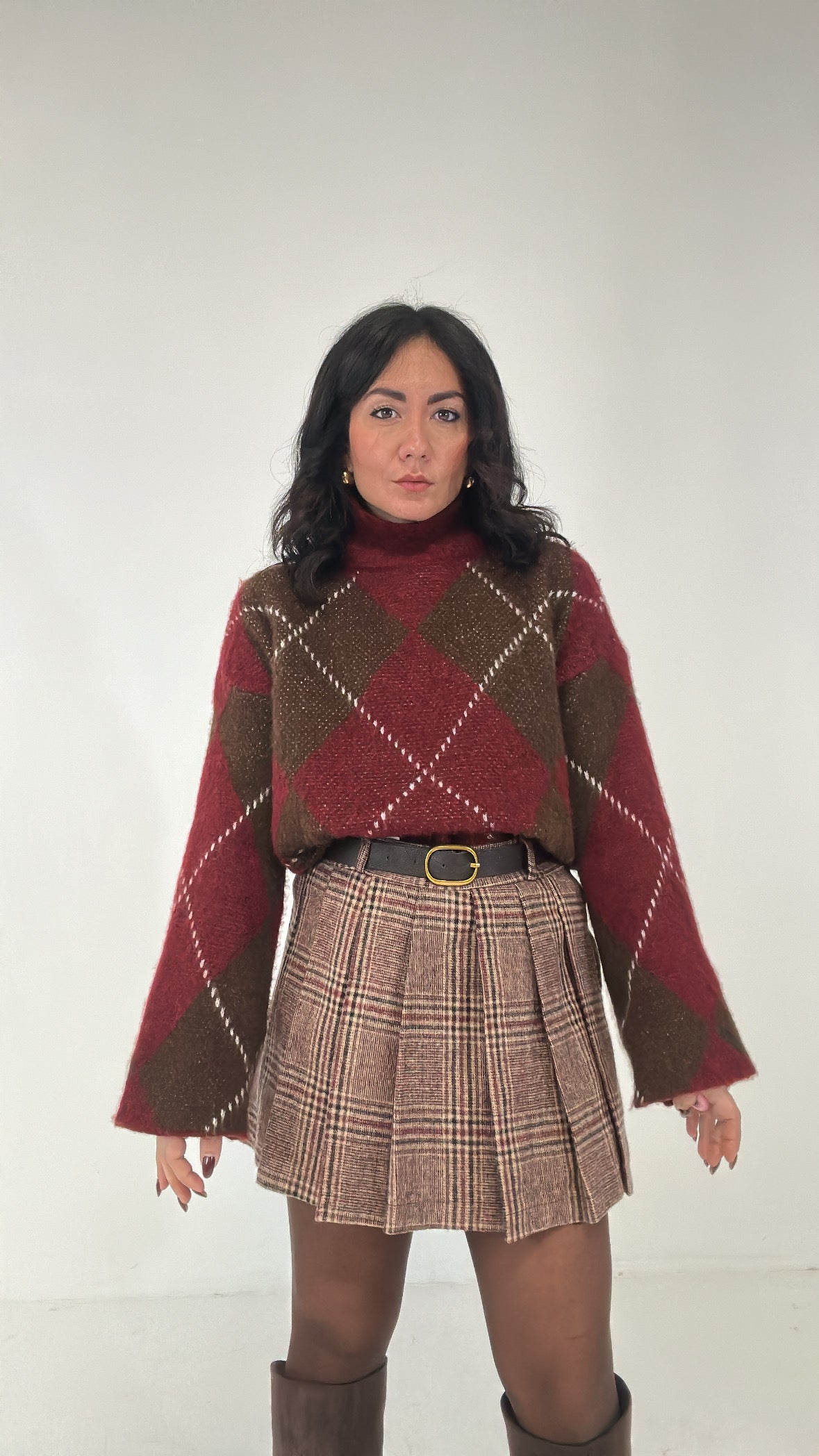 Pantagonna QUADRI IN PANNO CON CINTURA - BORDEAUX