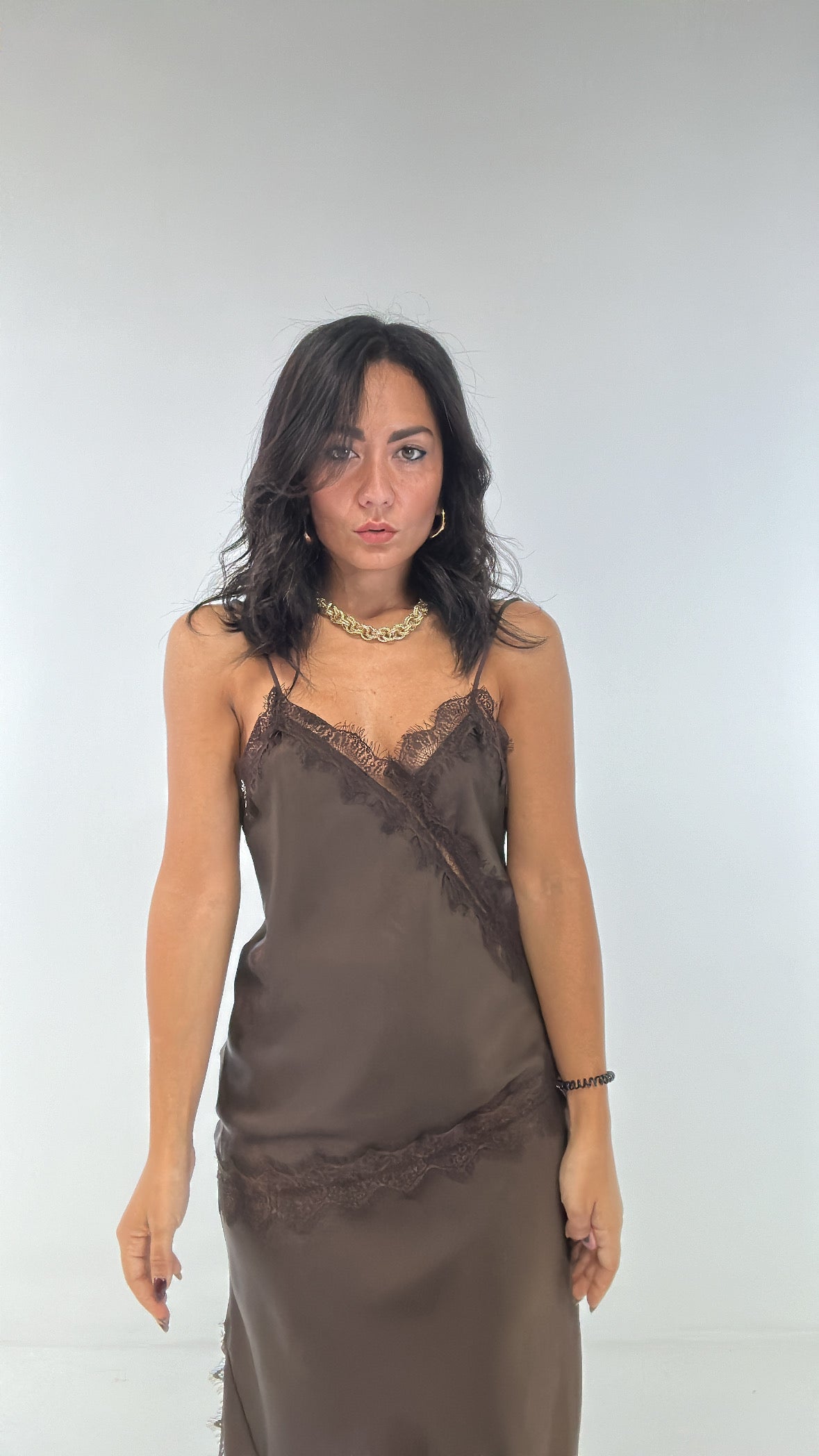 Top SATIN PIZZO - MARRONE