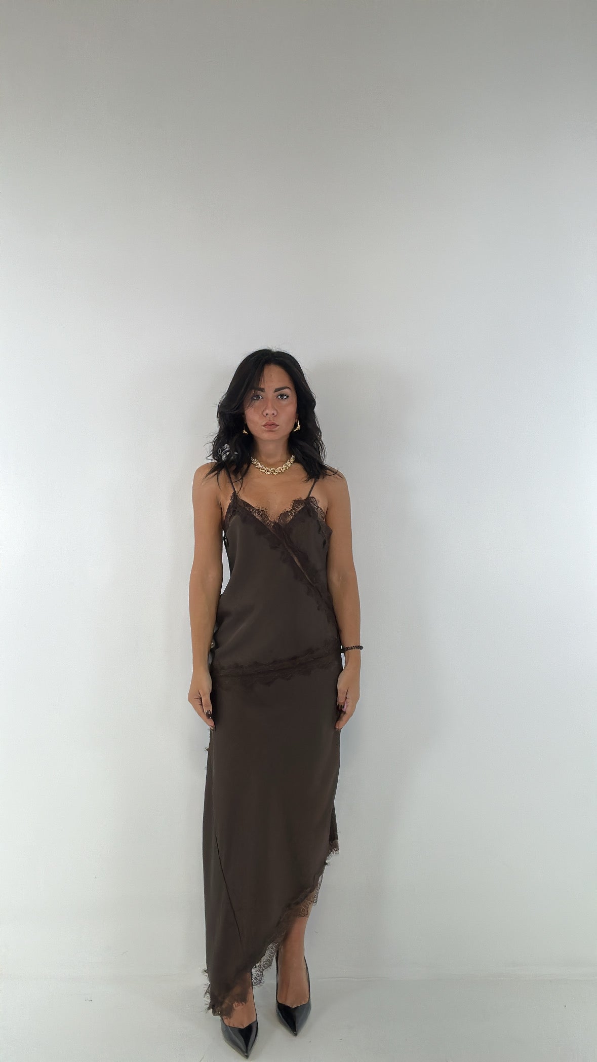 Gonna SATIN PIZZO TRASVERSALE - MARRONE