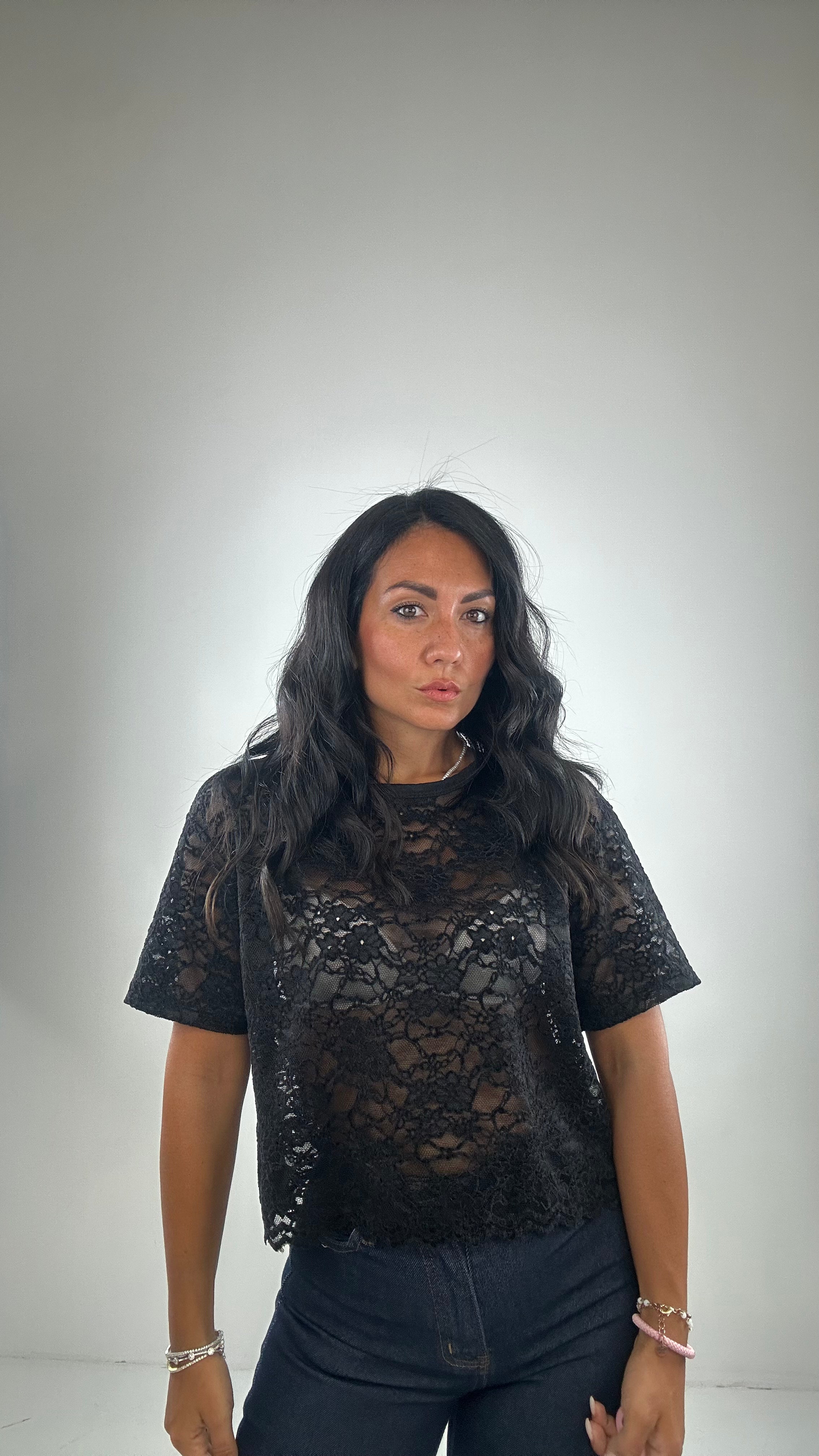 maglia IN PIZZO VELLUTINO - NERO