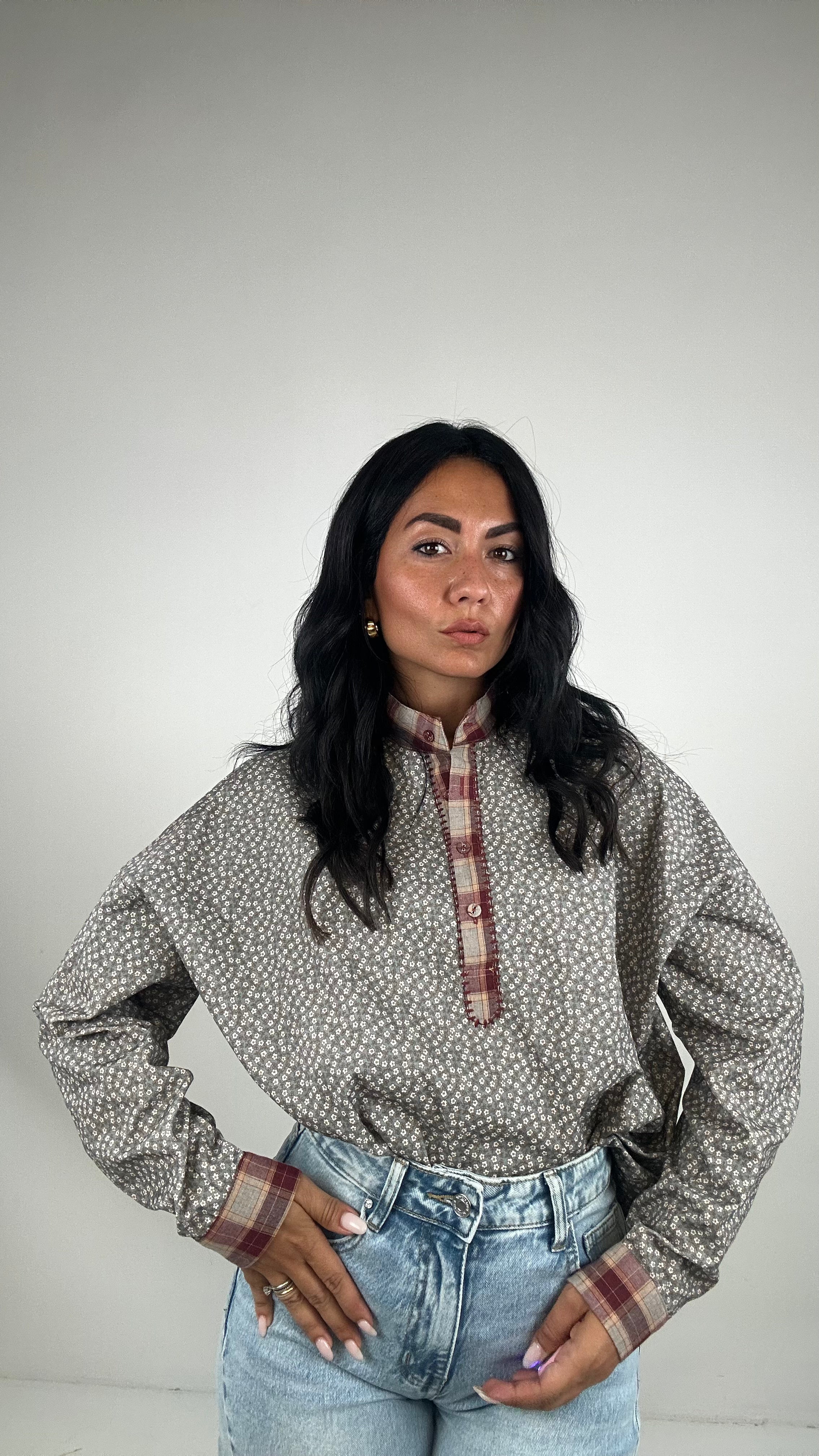Camicia FIORI E BORDO A QUADRI - BIANCO