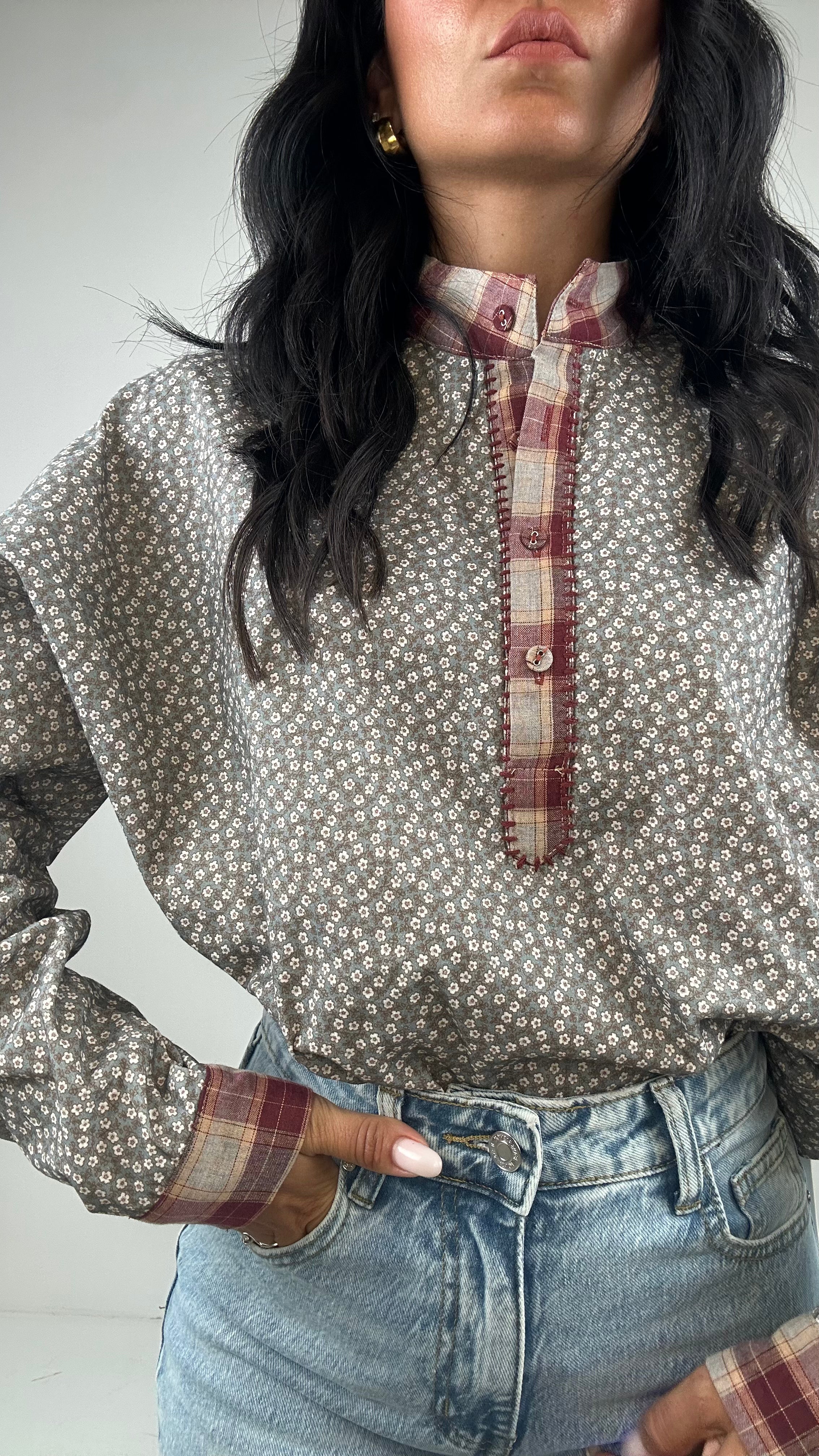 Camicia FIORI E BORDO A QUADRI - BIANCO