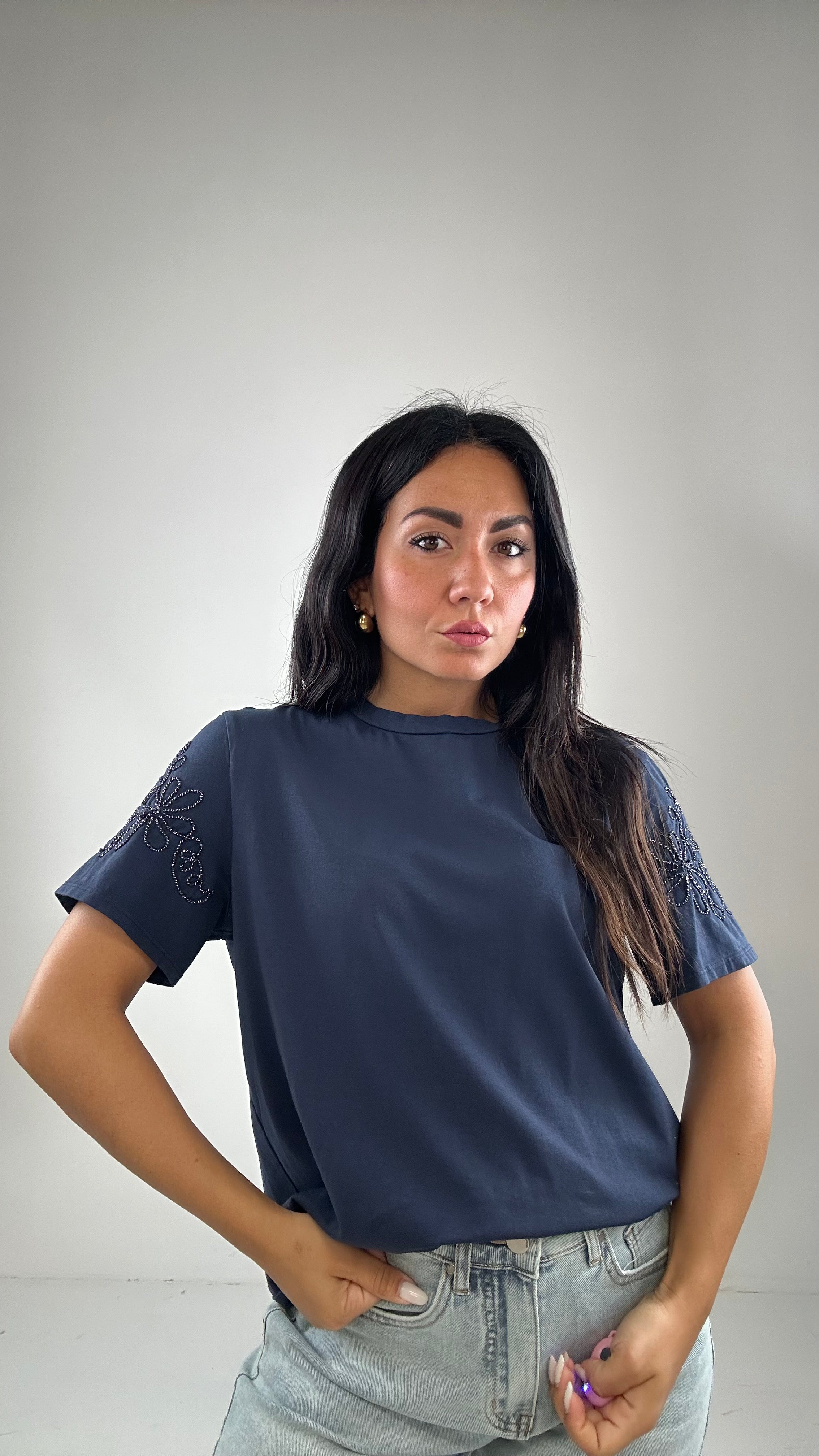 T-shirt FIORE RICAMATO MANICA - BLU