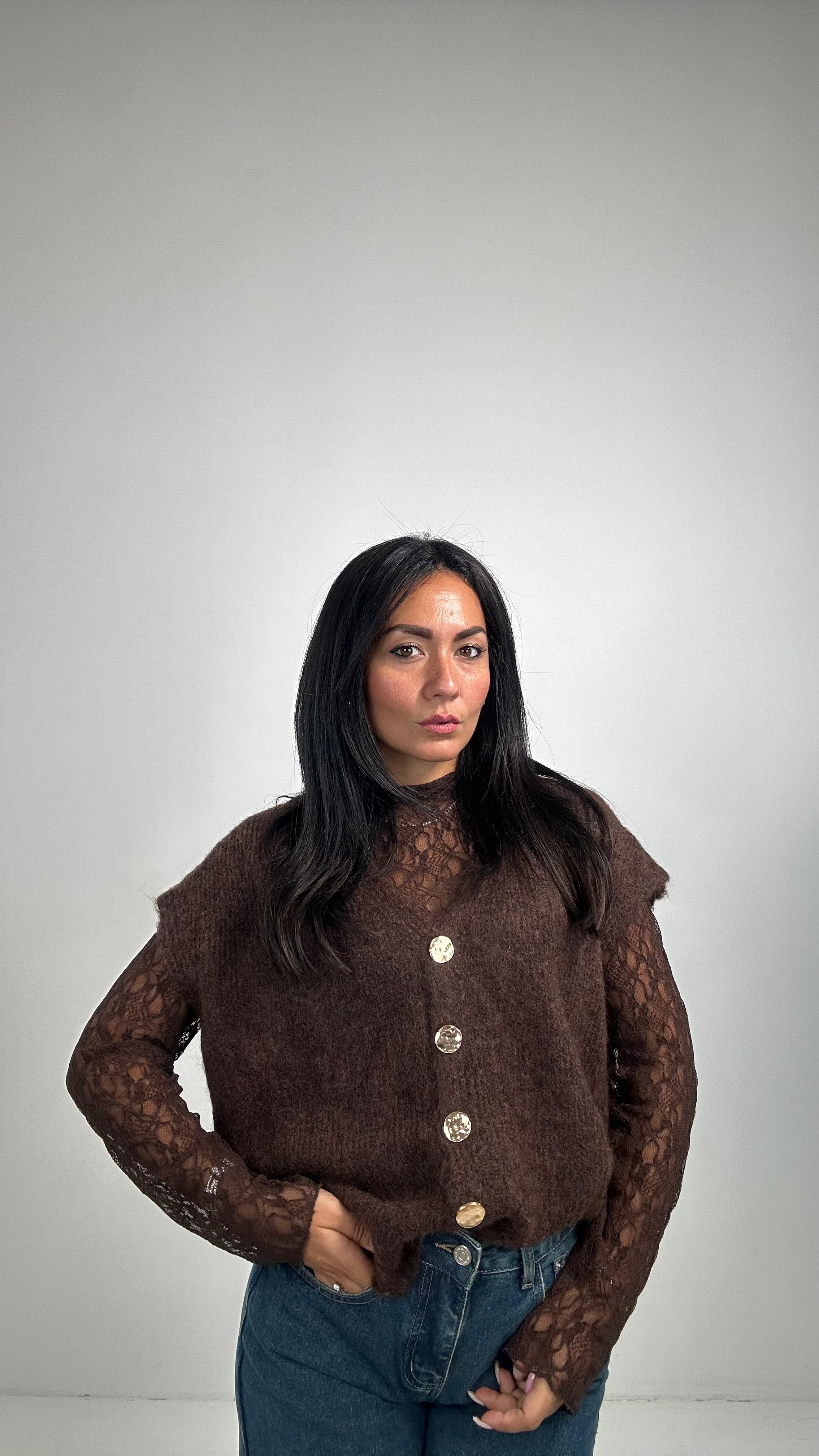 Gilet CON MAGLIA IN PIZZO - MARRONE