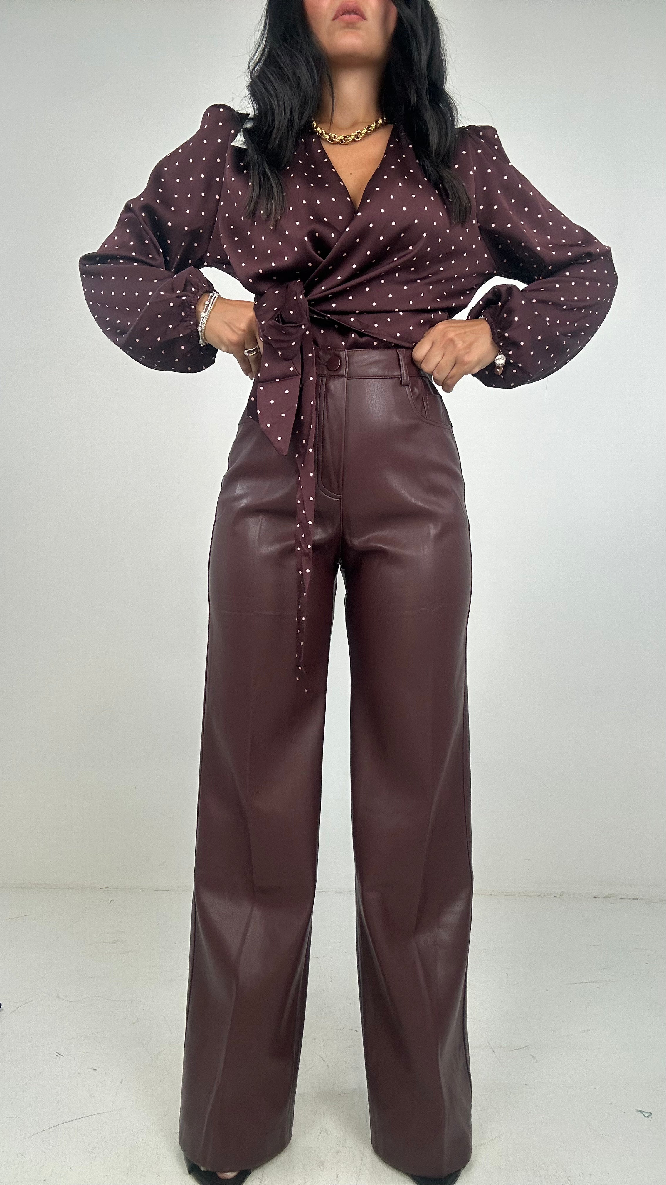 Pantalone ECOPELLE LARGE - BORDEAUX