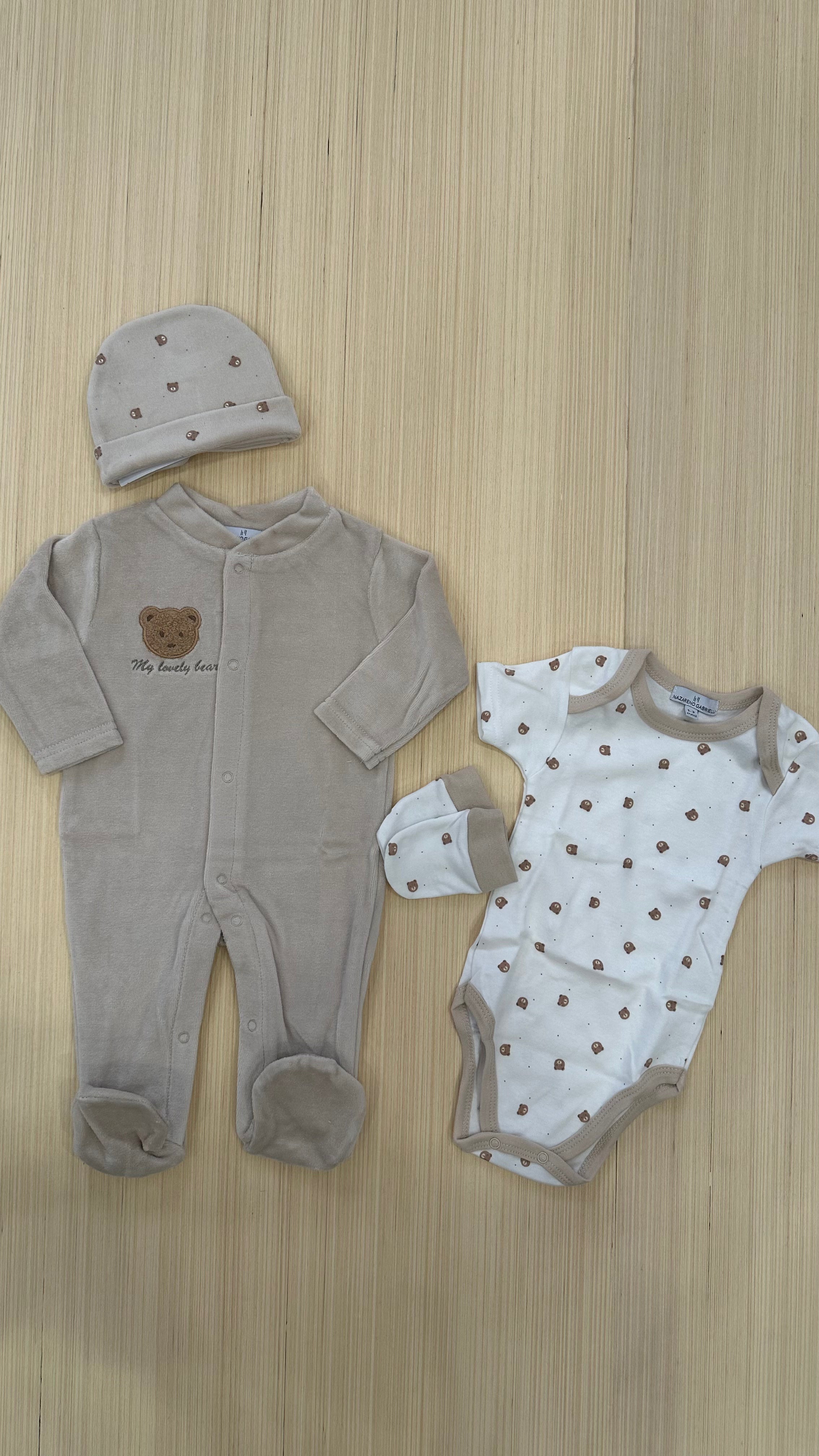 Set NASCITA TUTINA+BODY+CAPPELLO+MUFFOLETTE - BEIGE