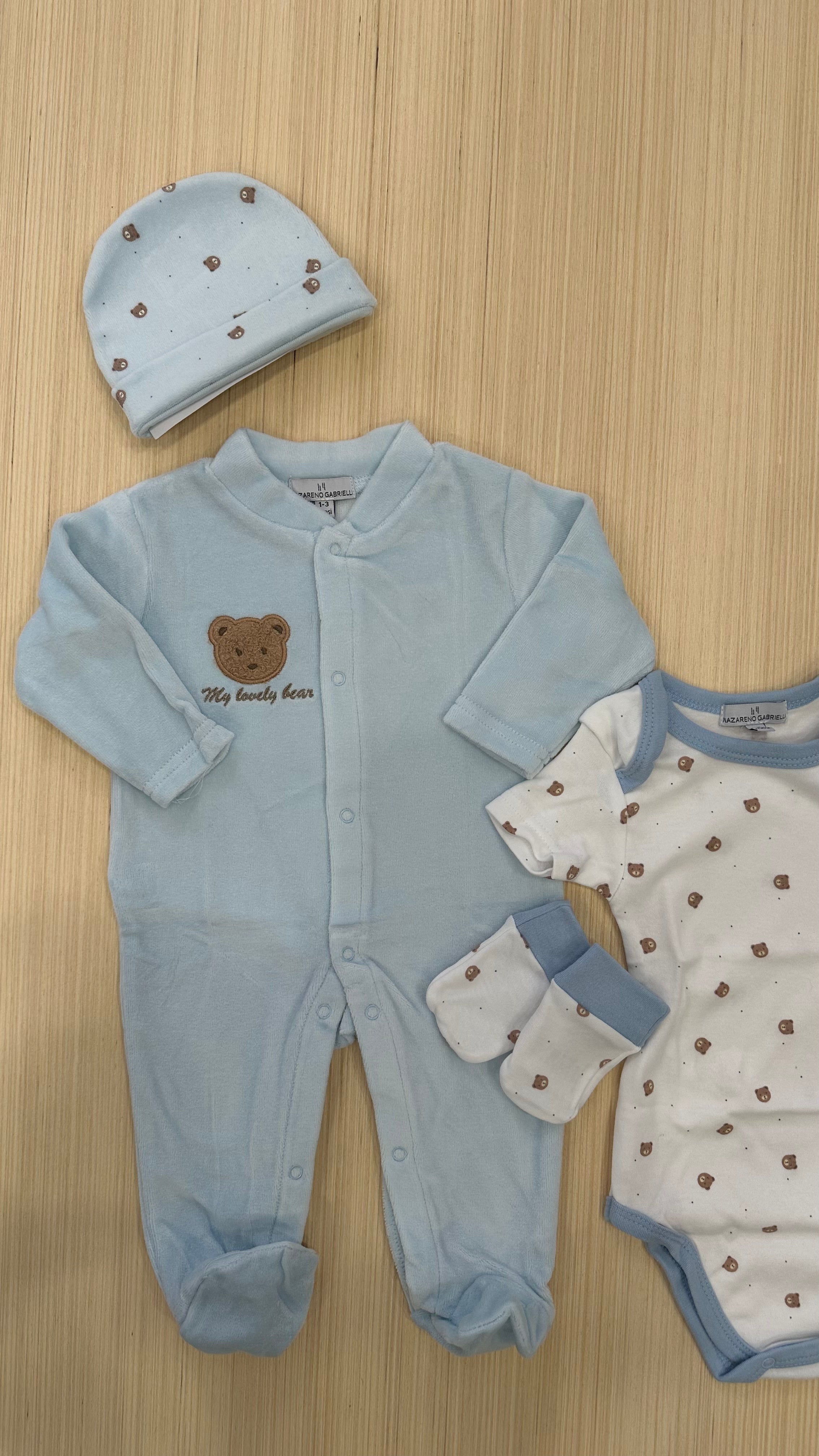 Set NASCITA TUTINA+BODY+CAPPELLO+MUFFOLETTE - CELESTE