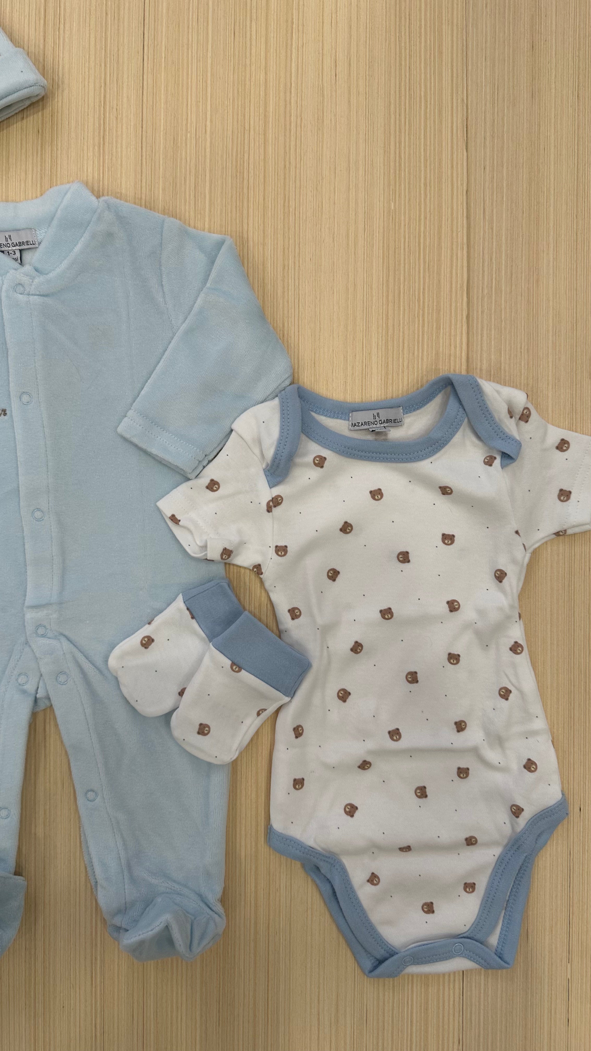 Set NASCITA TUTINA+BODY+CAPPELLO+MUFFOLETTE - CELESTE