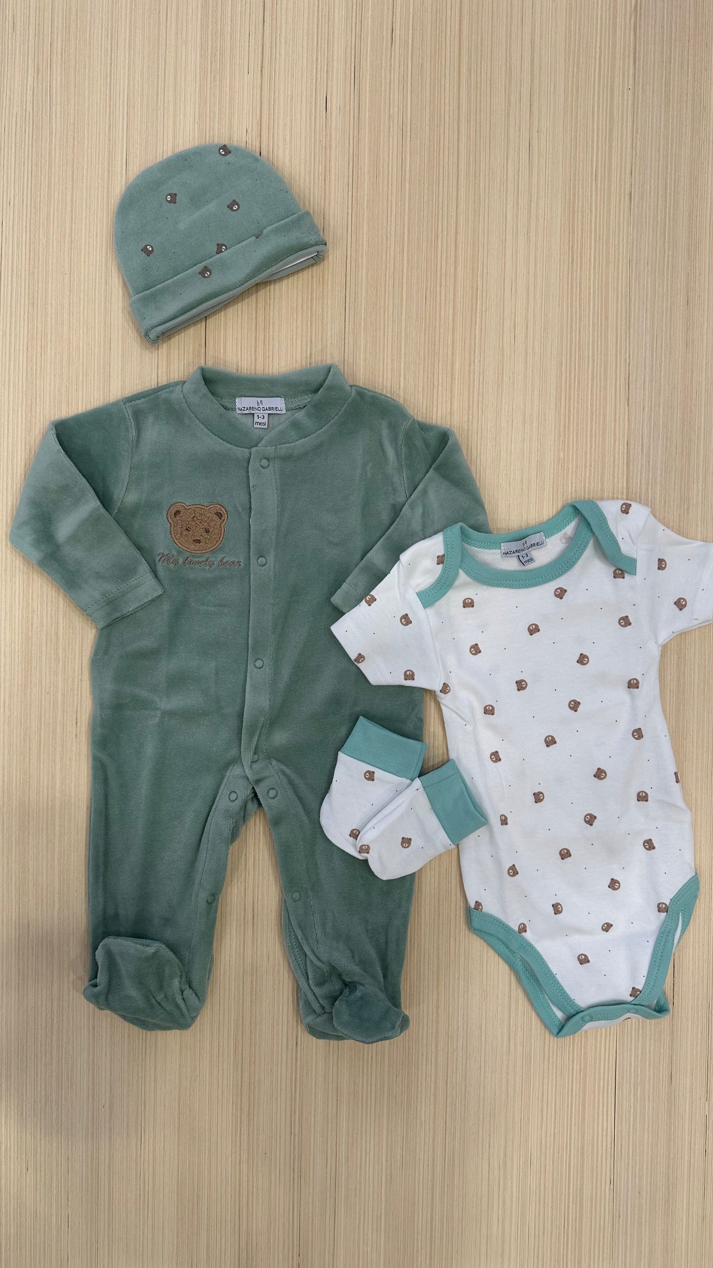 Set NASCITA TUTINA+BODY+CAPPELLO+MUFFOLETTE - VERDE