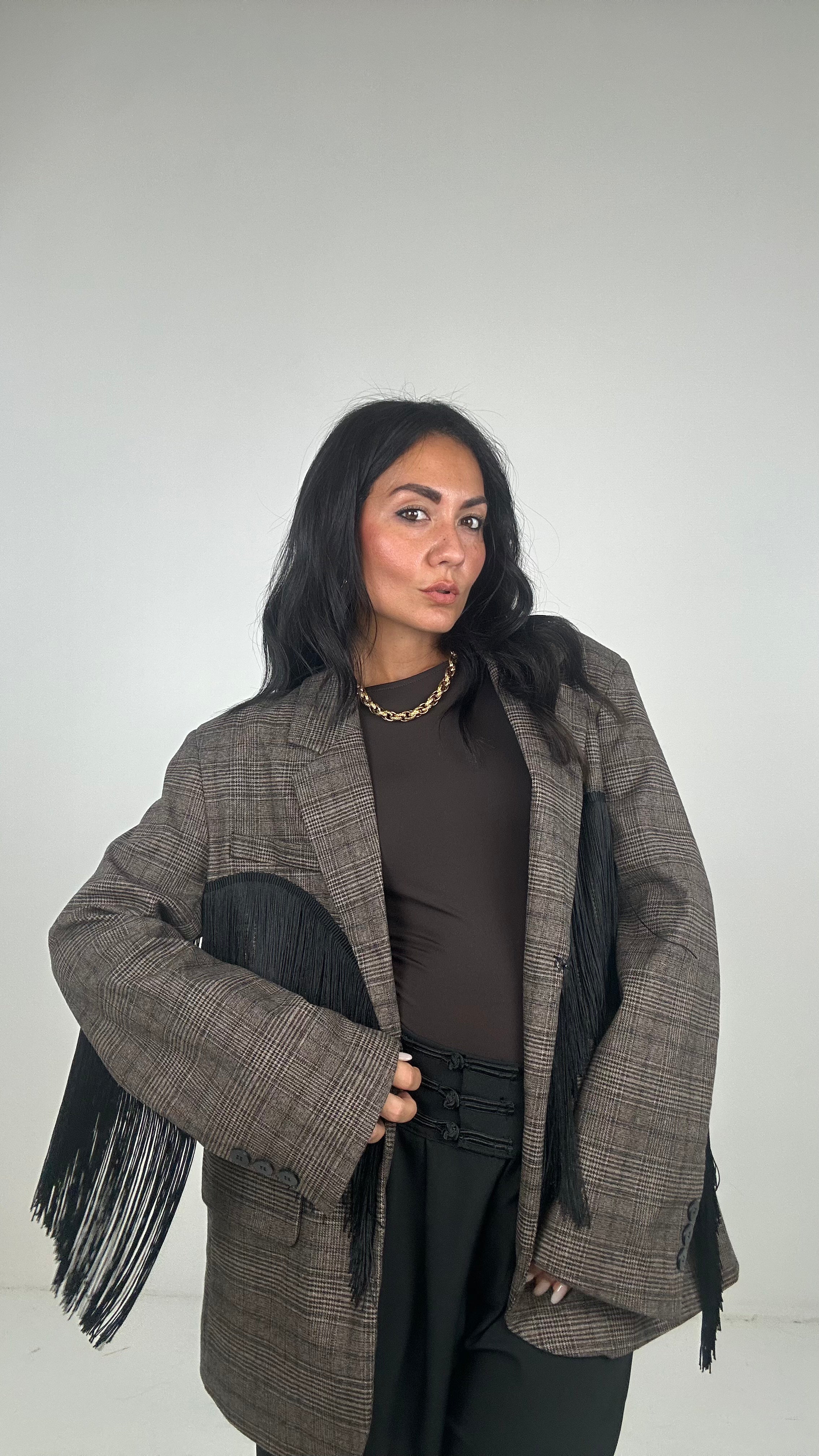 Blazer QUADRI LUMINA FRANGE - MARRONE