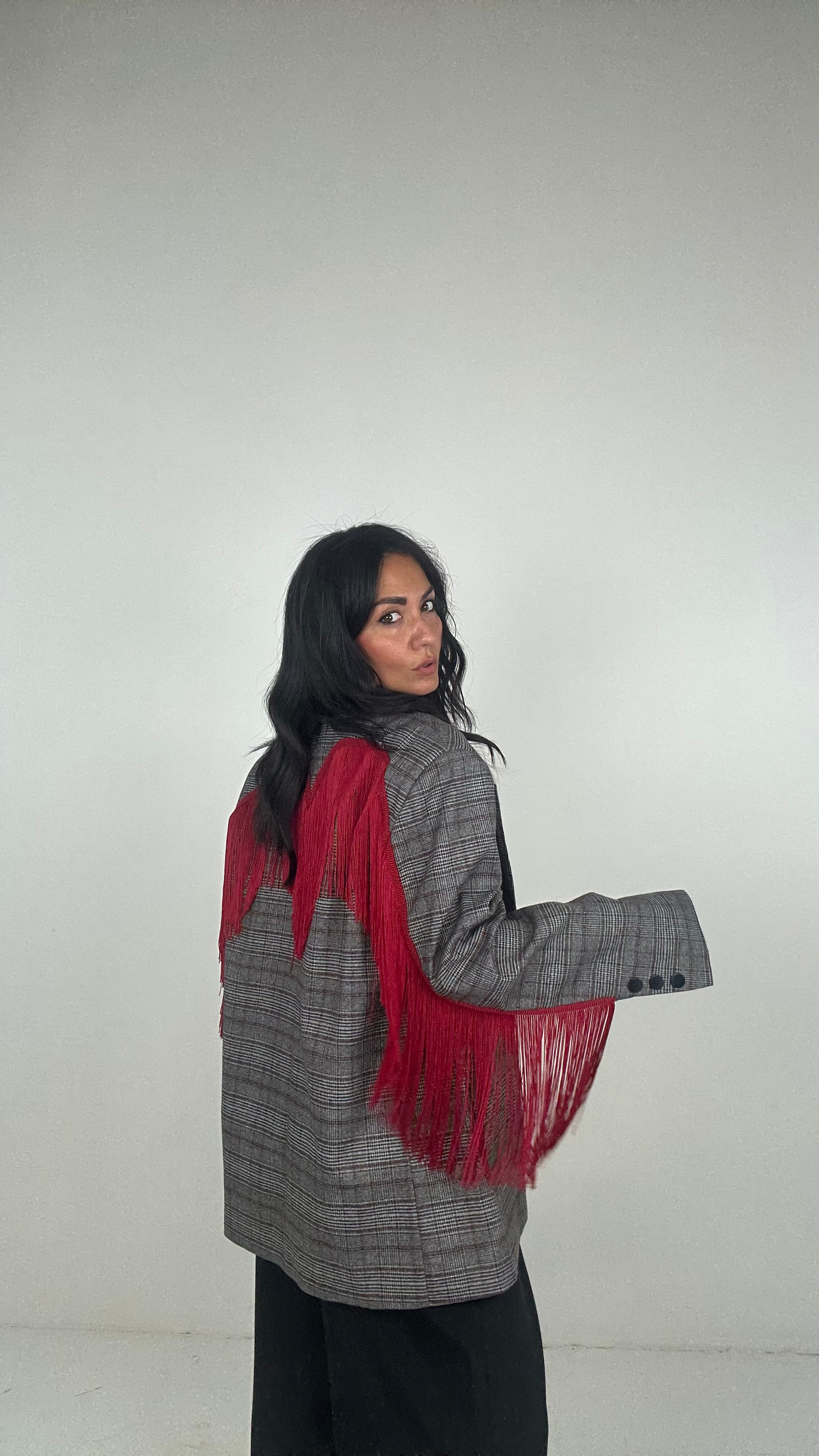 Blazer QUADRI LUMINA FRANGE - GRIGIO-BORDEAUX