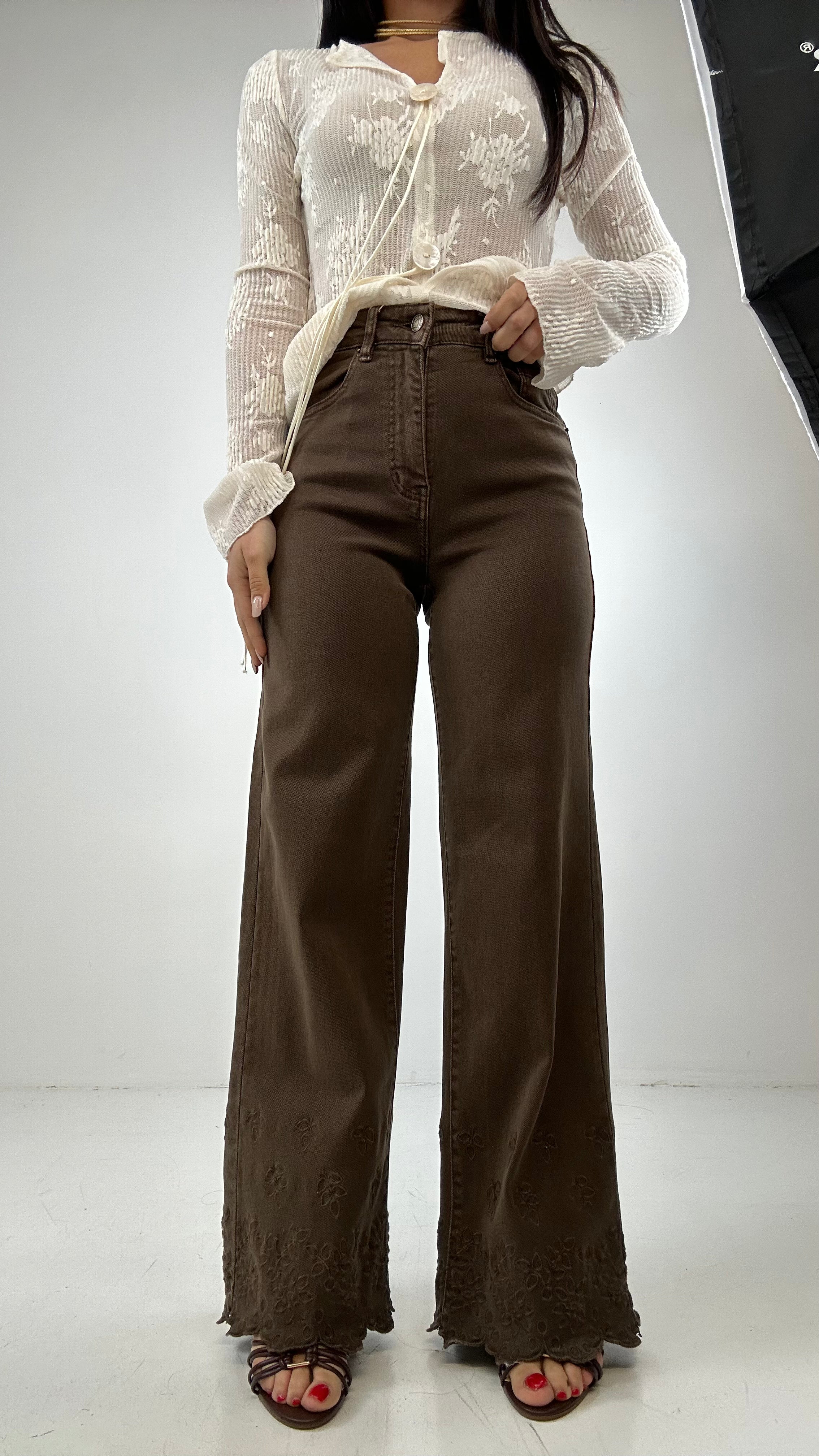 Jeans WIDE FONDO RICAMATO - MARRONE