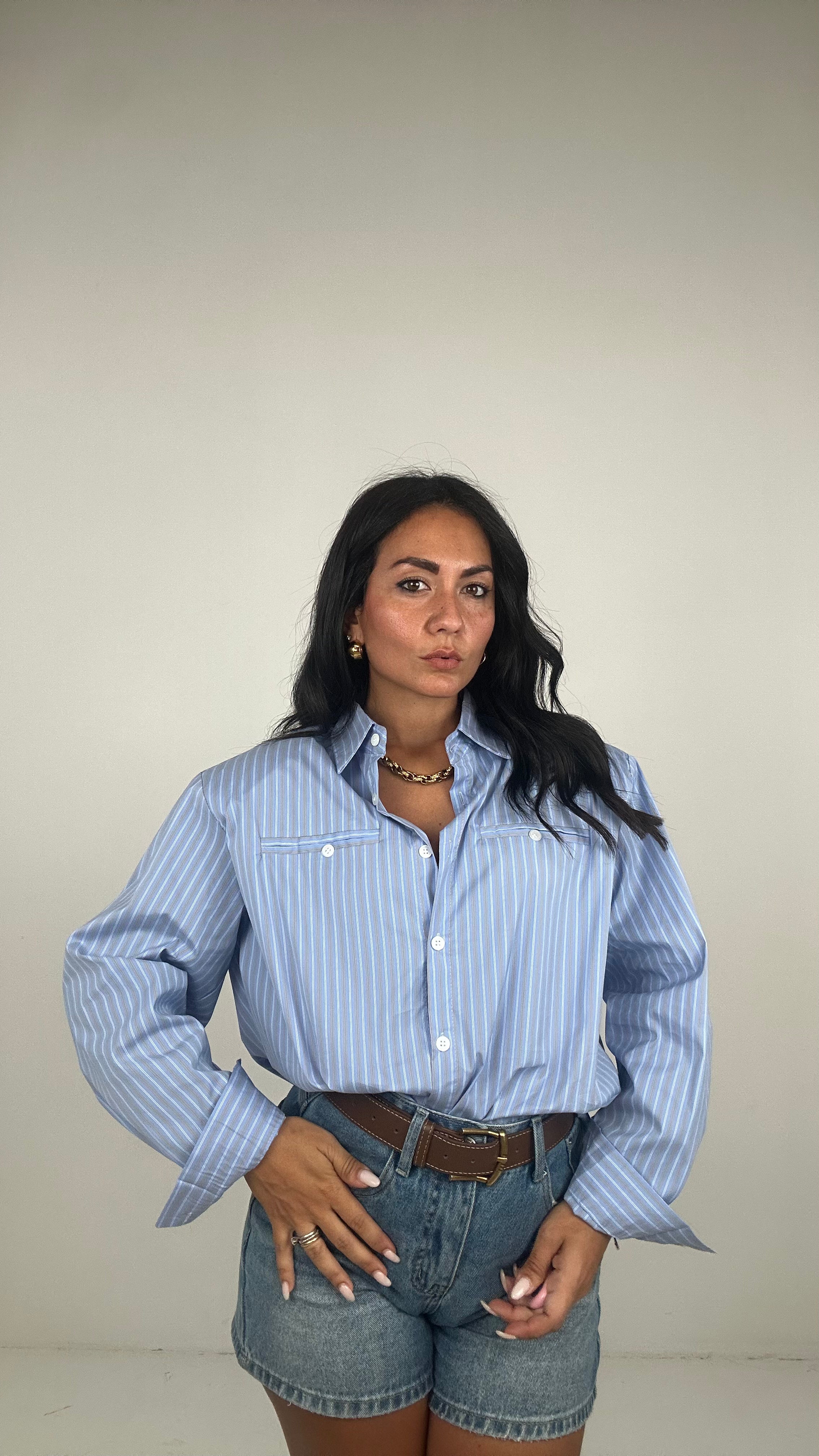 Camicia SPALLINA E RIGHE - CELESTE