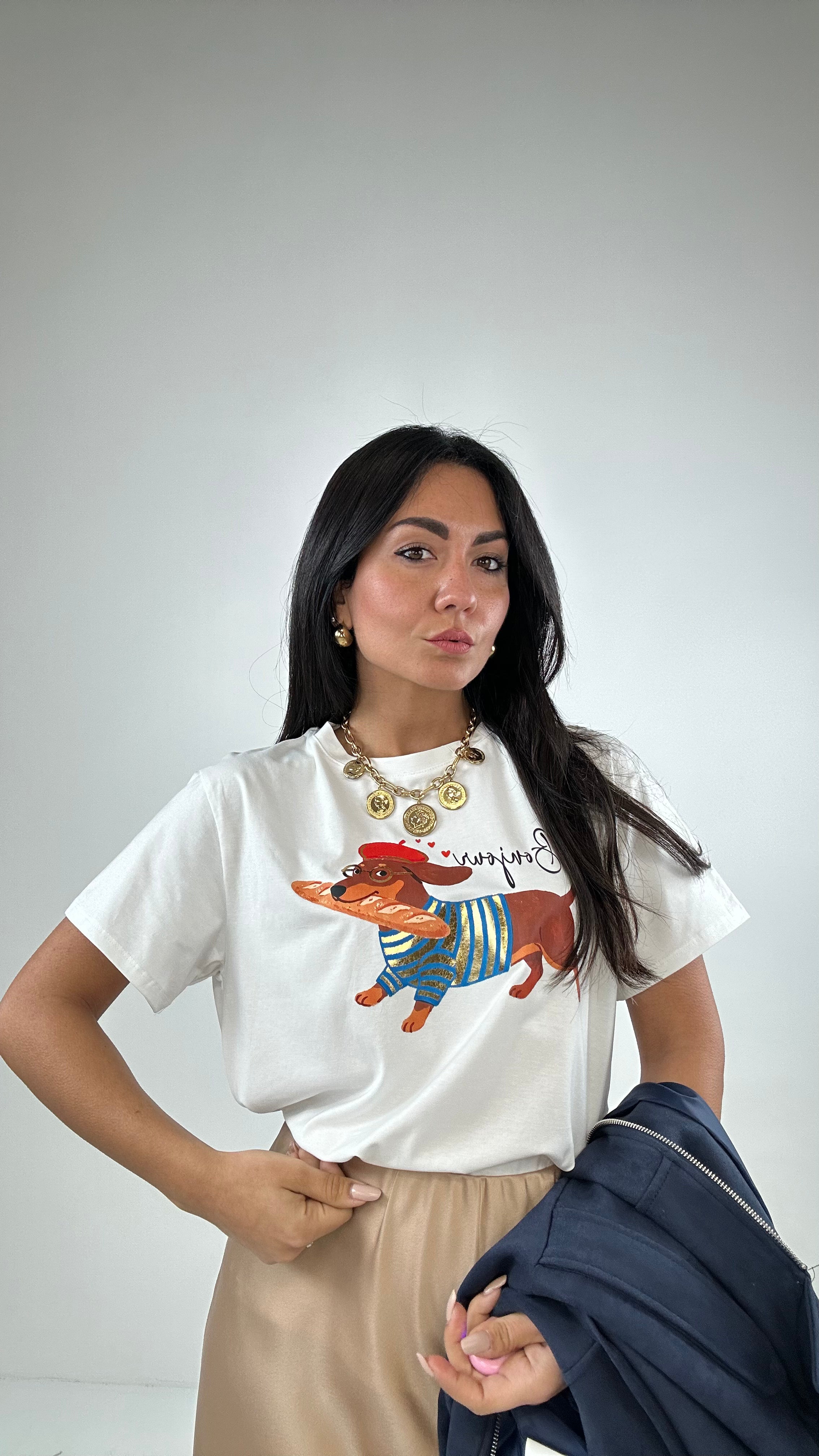 T-shirt BASSOTTO CON BAGUETTE - BIANCO