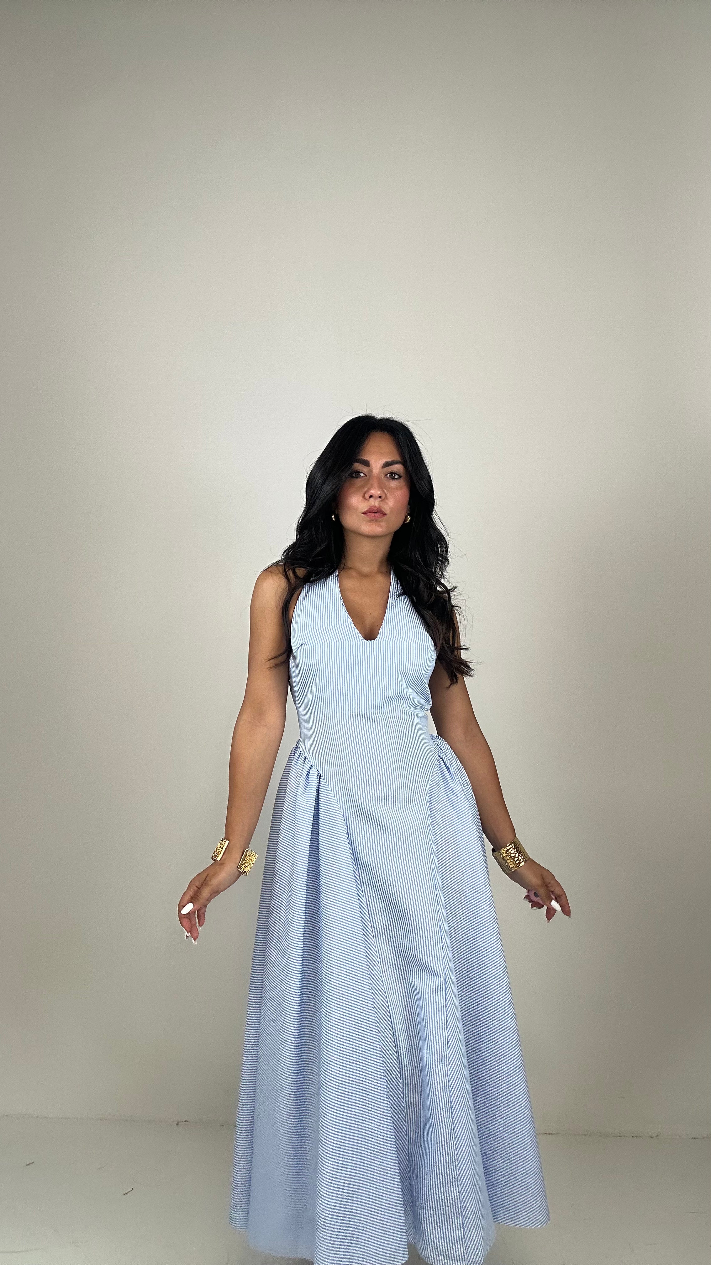 Vestito RUOTA RIGATO - CELESTE
