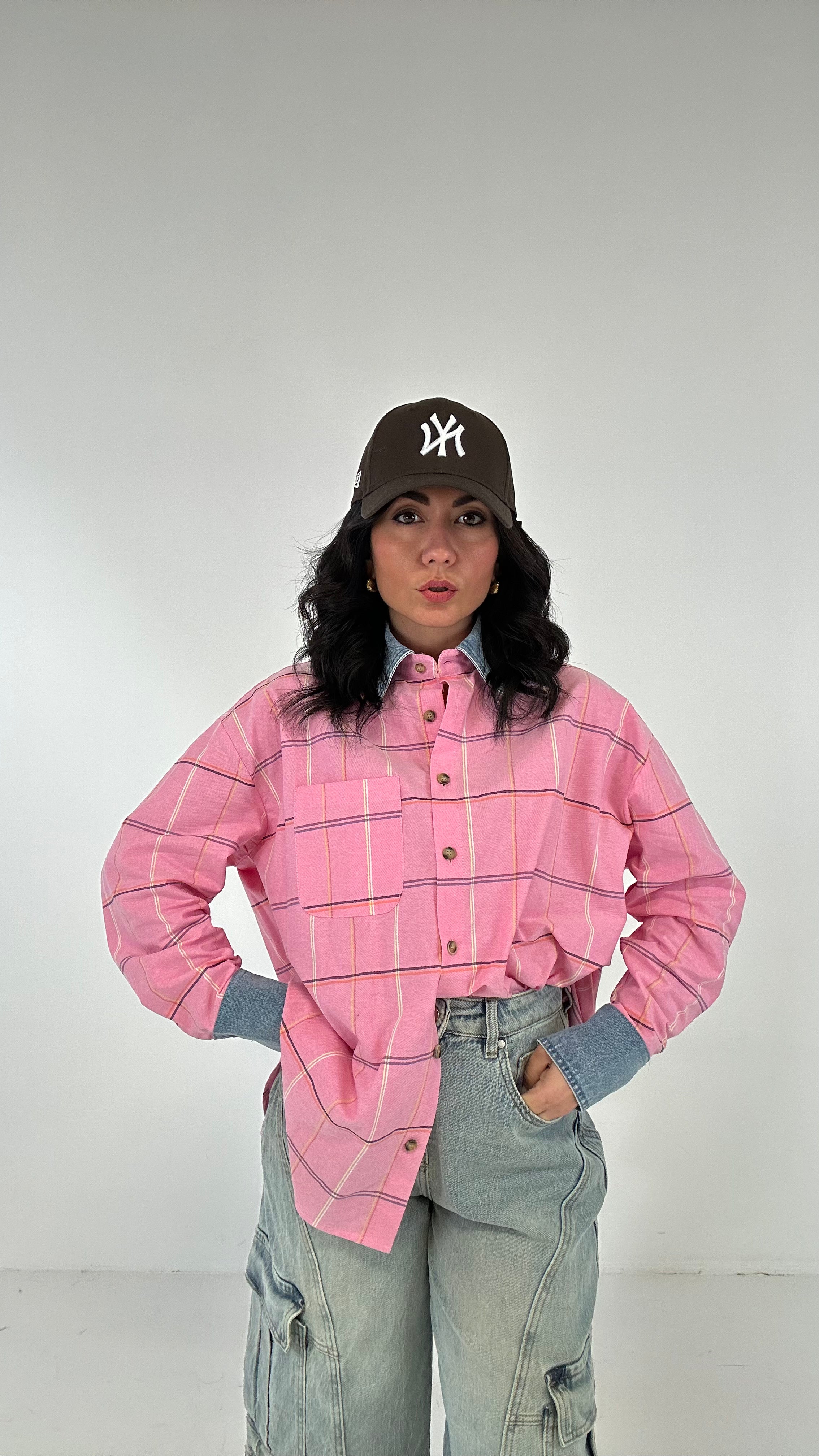 Camicione QUADRI COLLO IN JEANS - ROSA