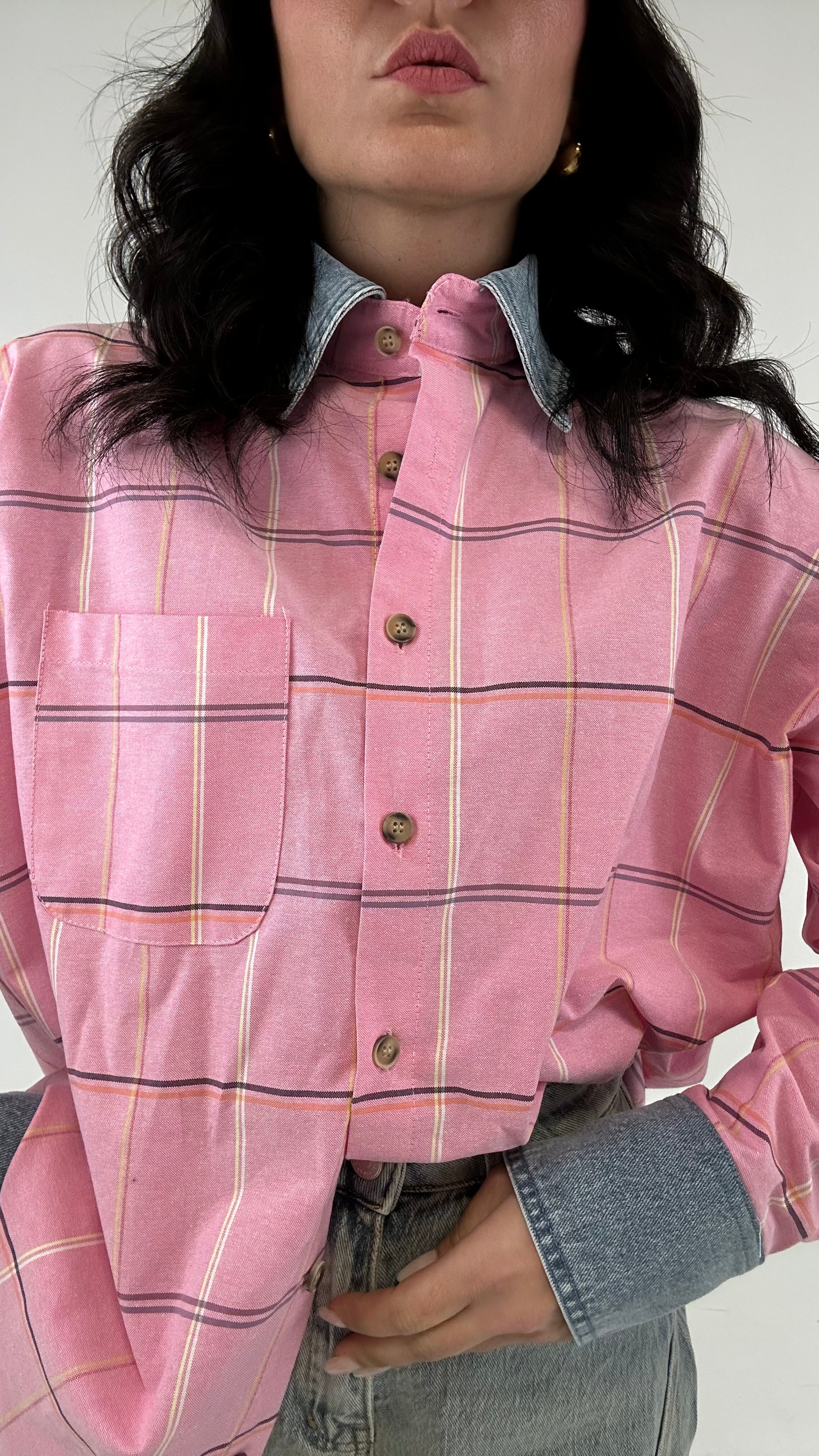 Camicione QUADRI COLLO IN JEANS - ROSA