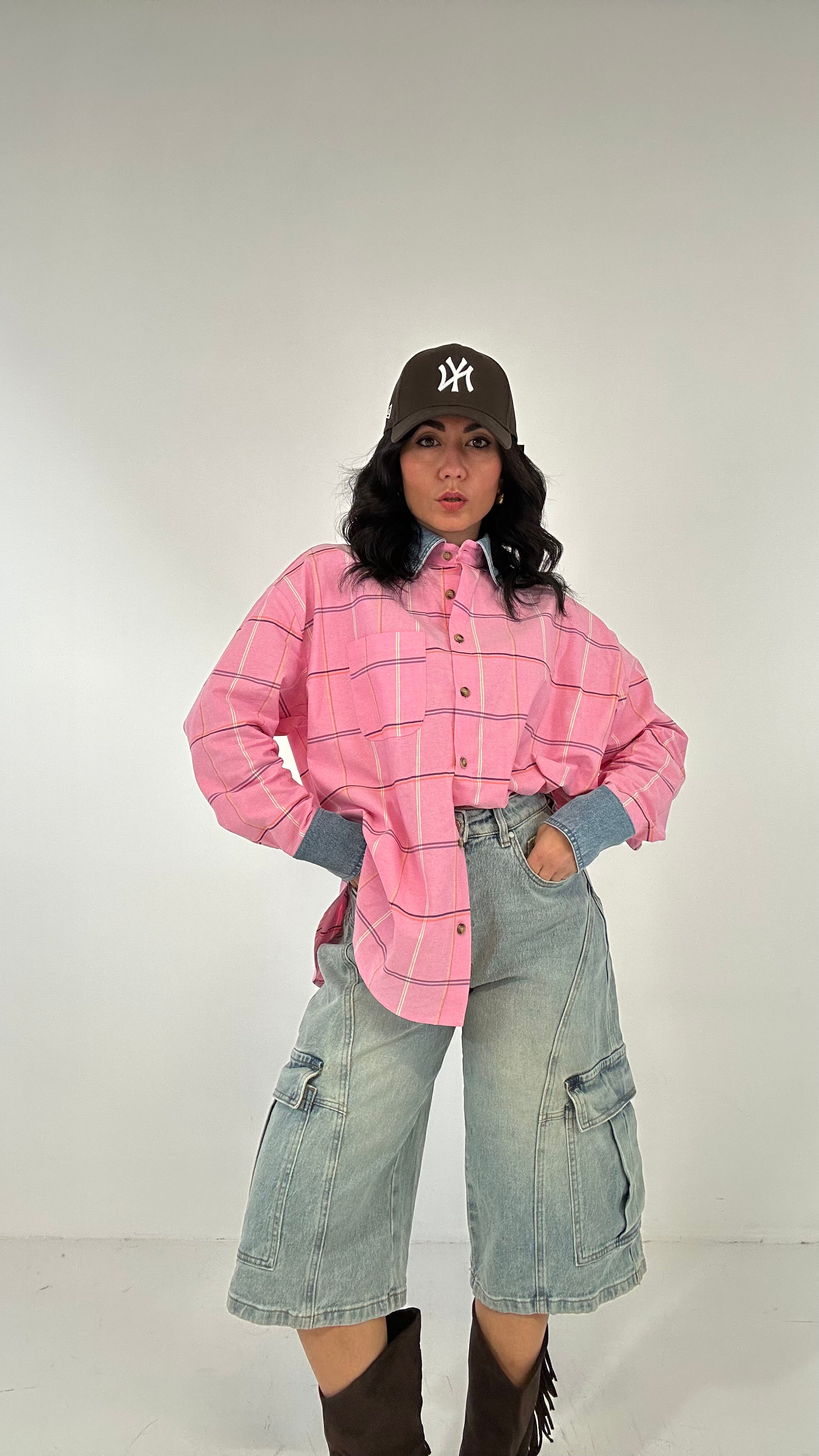 Camicione QUADRI COLLO IN JEANS - ROSA