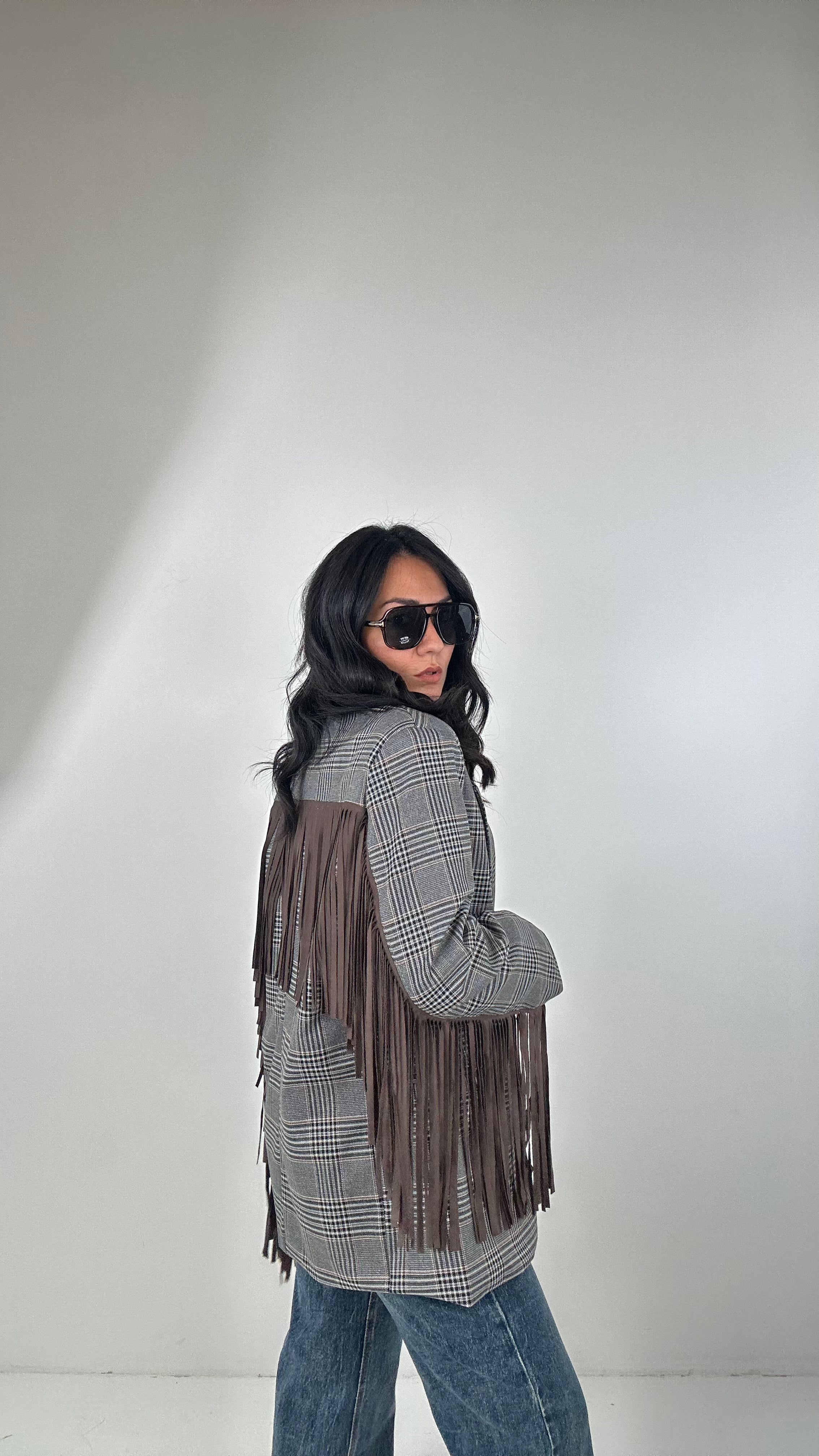 Blazer A QUADRI CON FRANGE - GRIGIO
