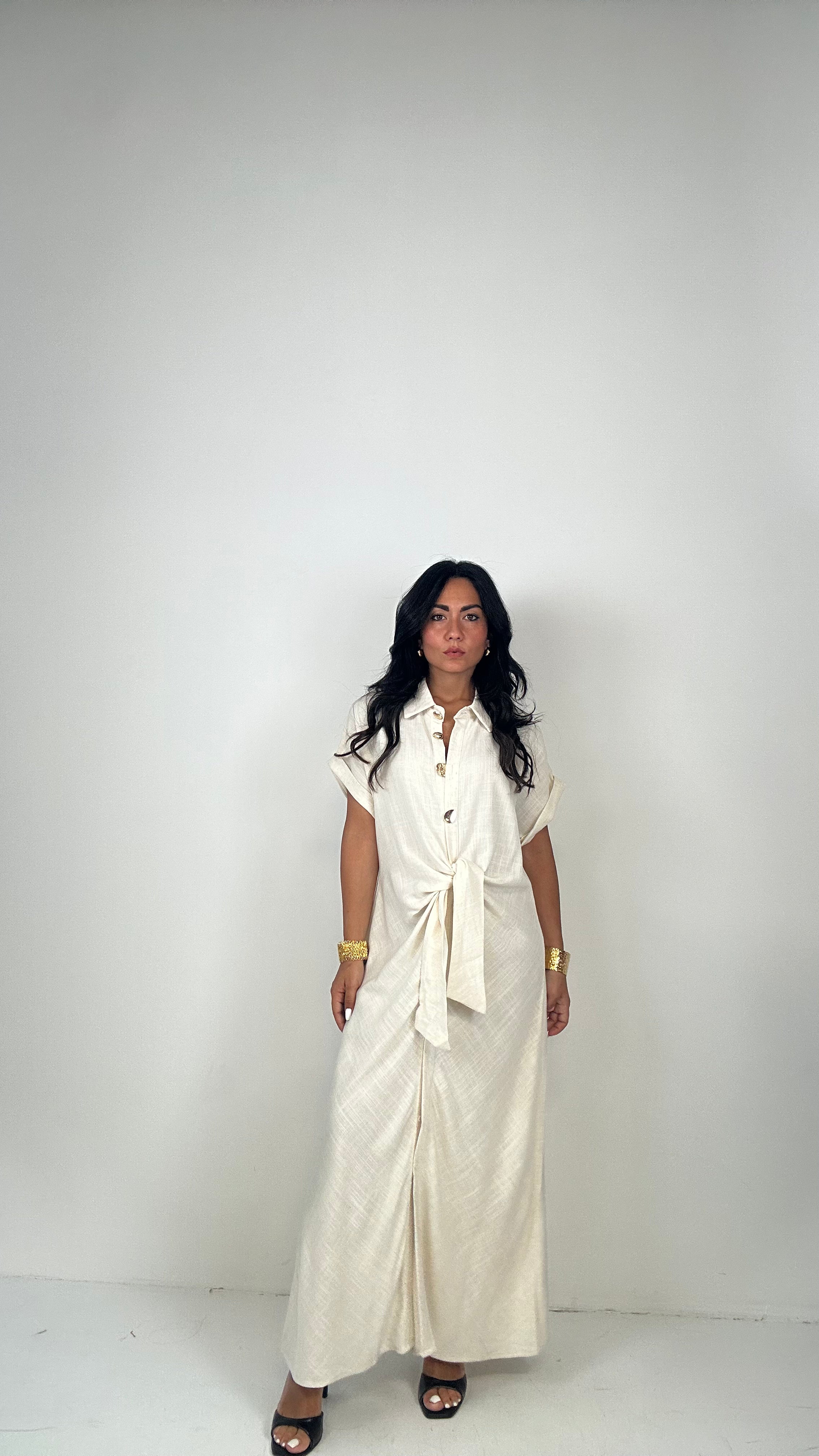 Vestito MIDI BOTTONI ORO - BEIGE