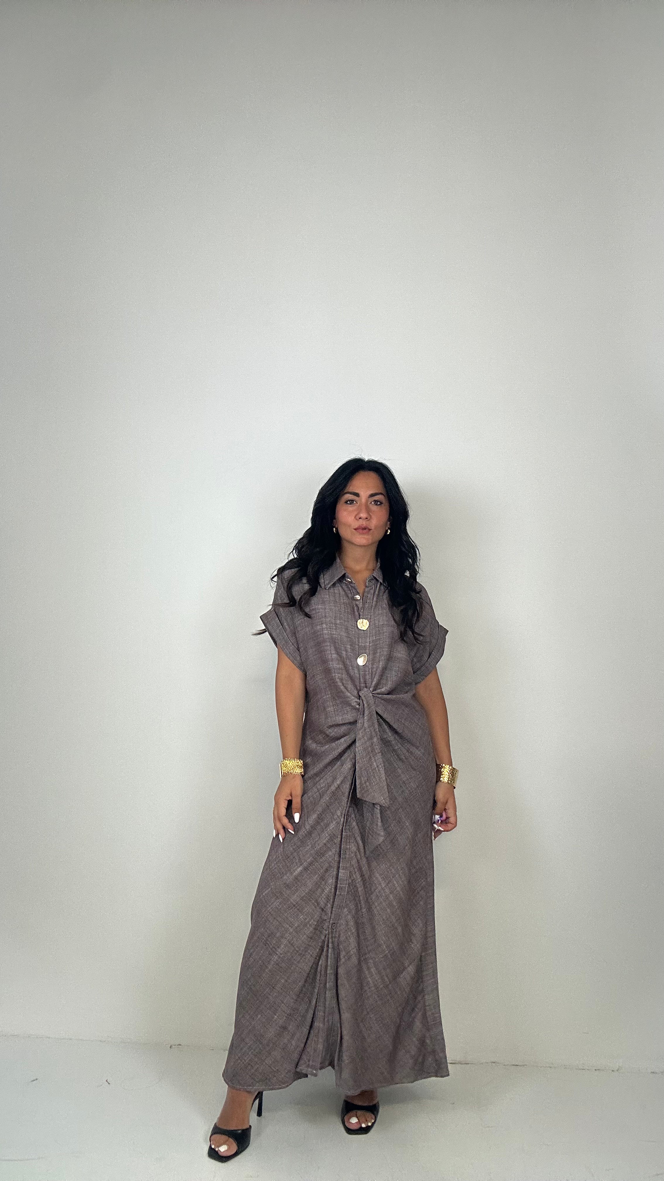 Vestito MIDI BOTTONI ORO - MARRONE