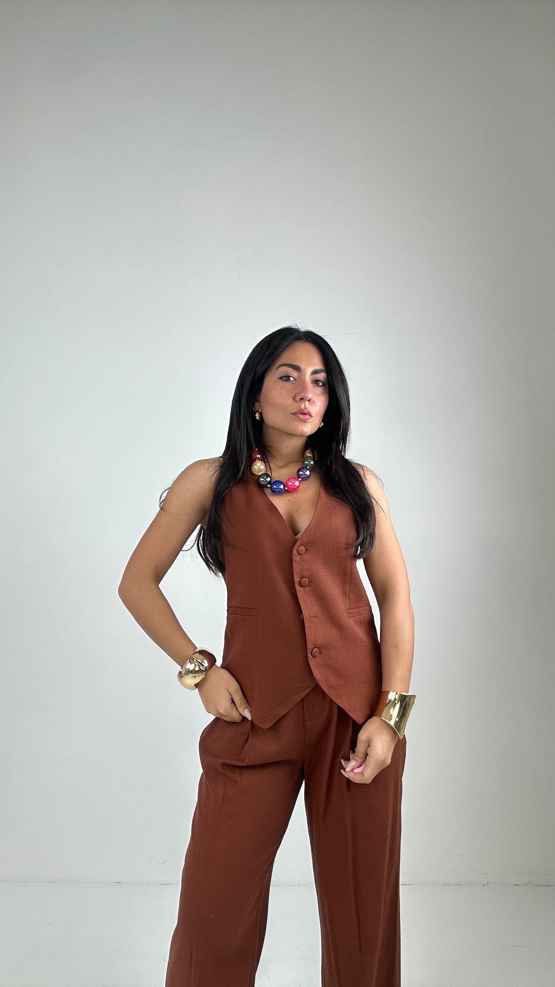 Completo LINO GILET - MARRONE