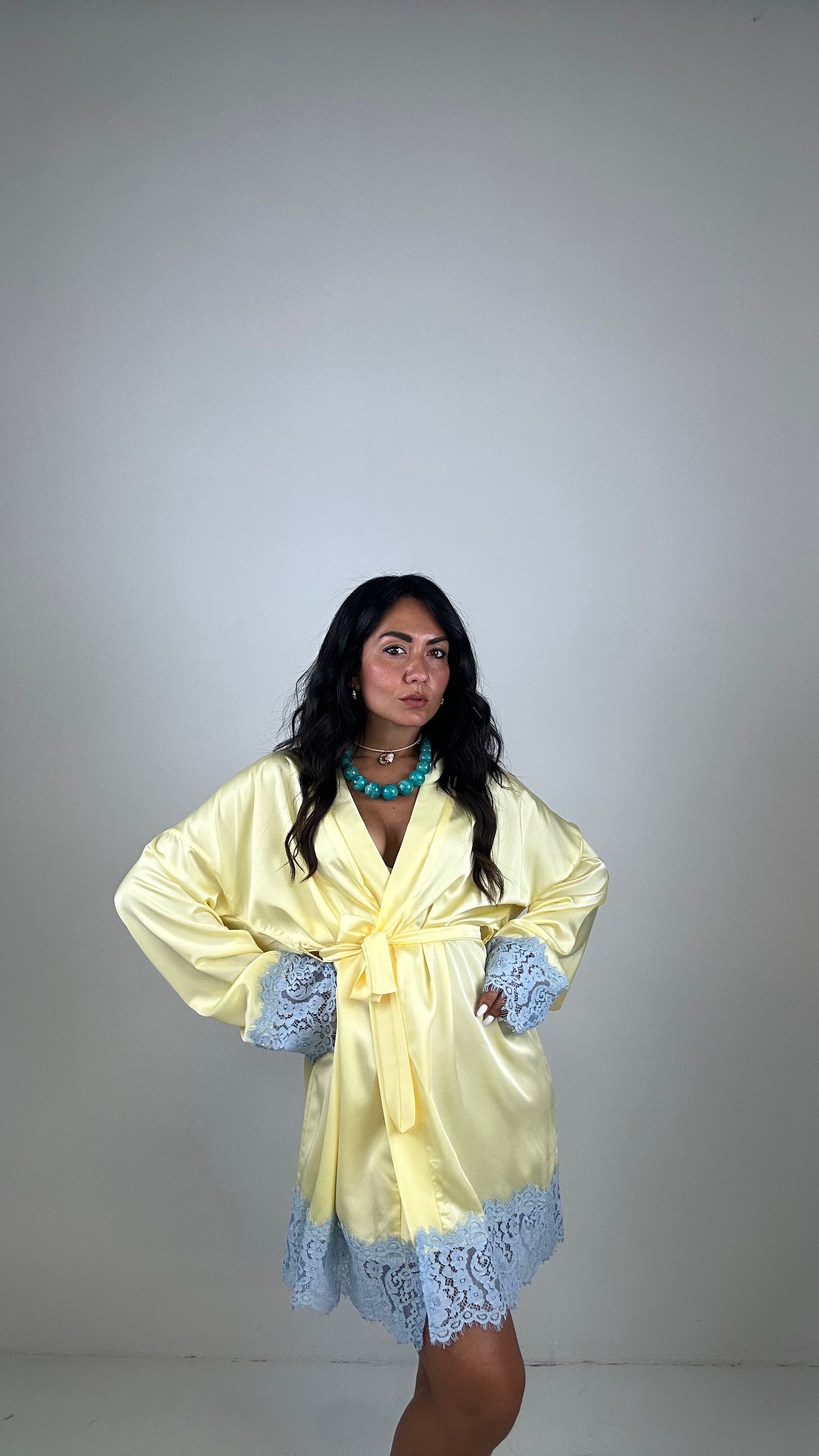 Kimono SATIN CON PIZZO - GIALLO