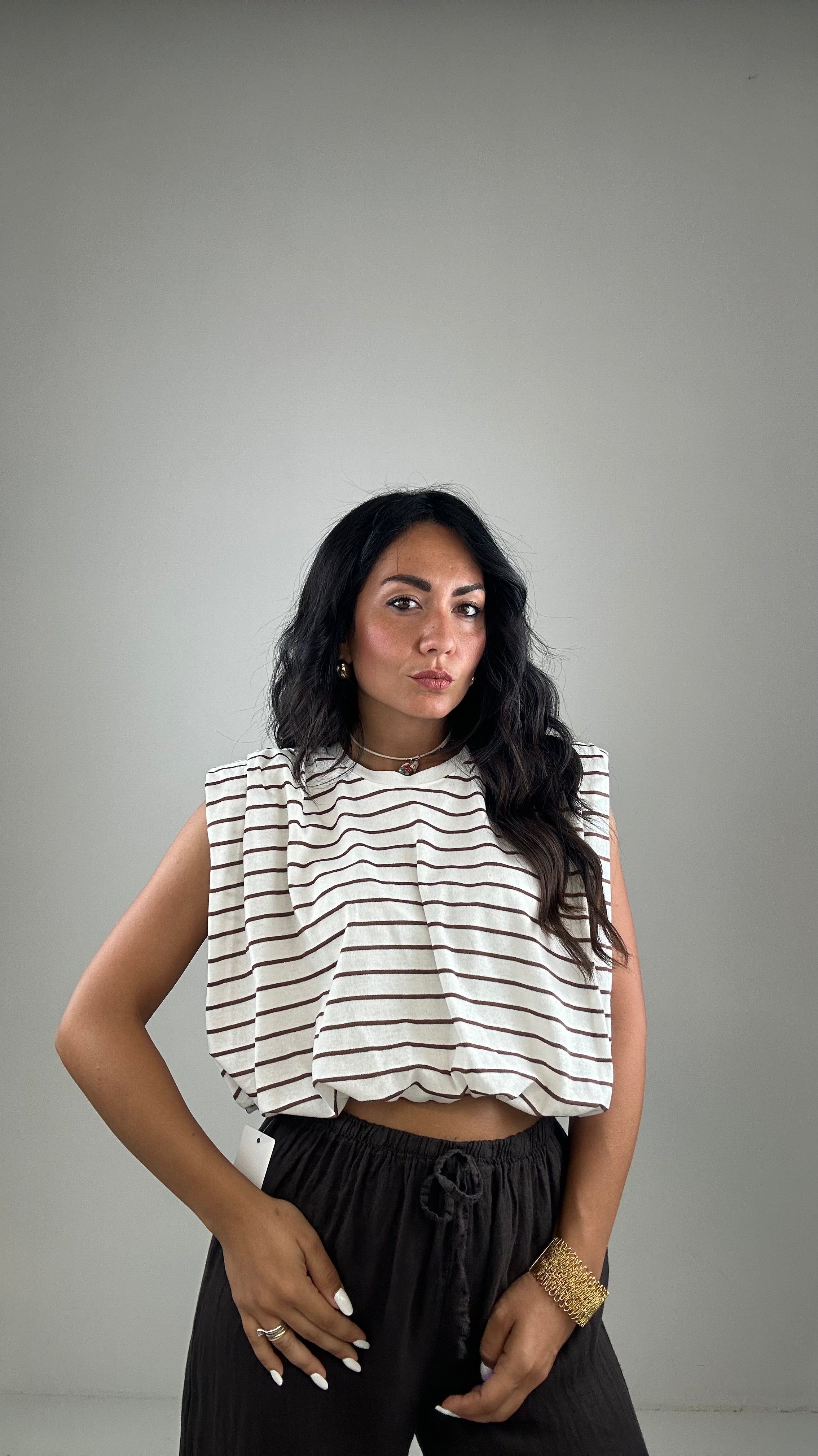 T-shirt CROP LUMINA RIGATA - MARRONE
