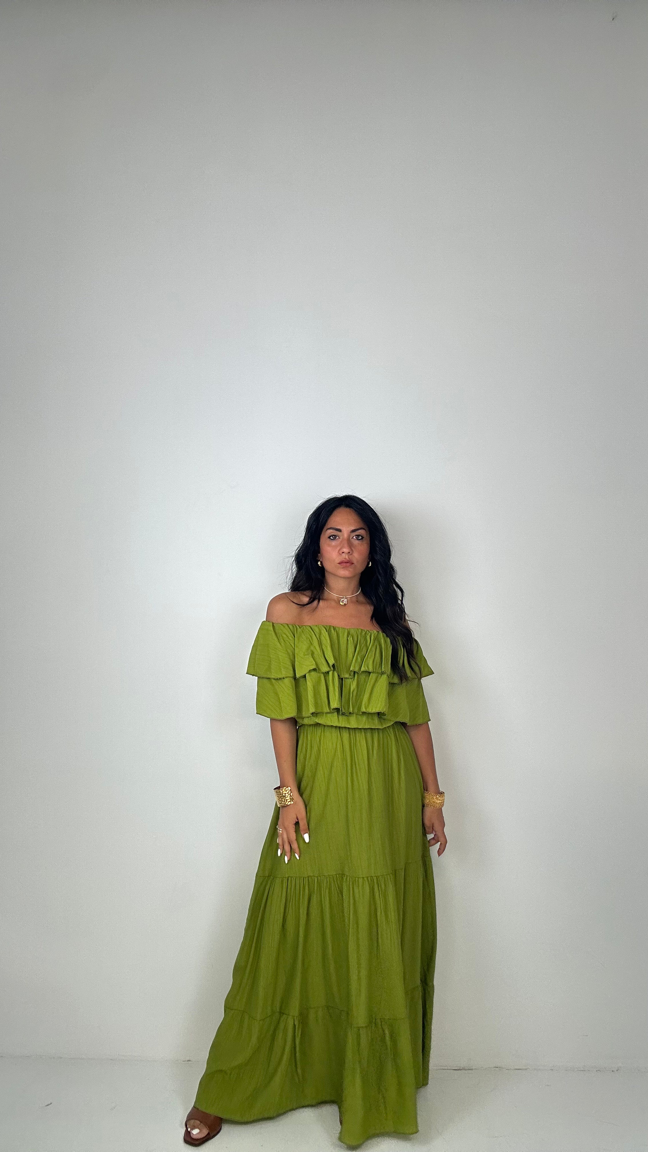 Vestito SCOLLO A BARCA CON BALZE - VERDE