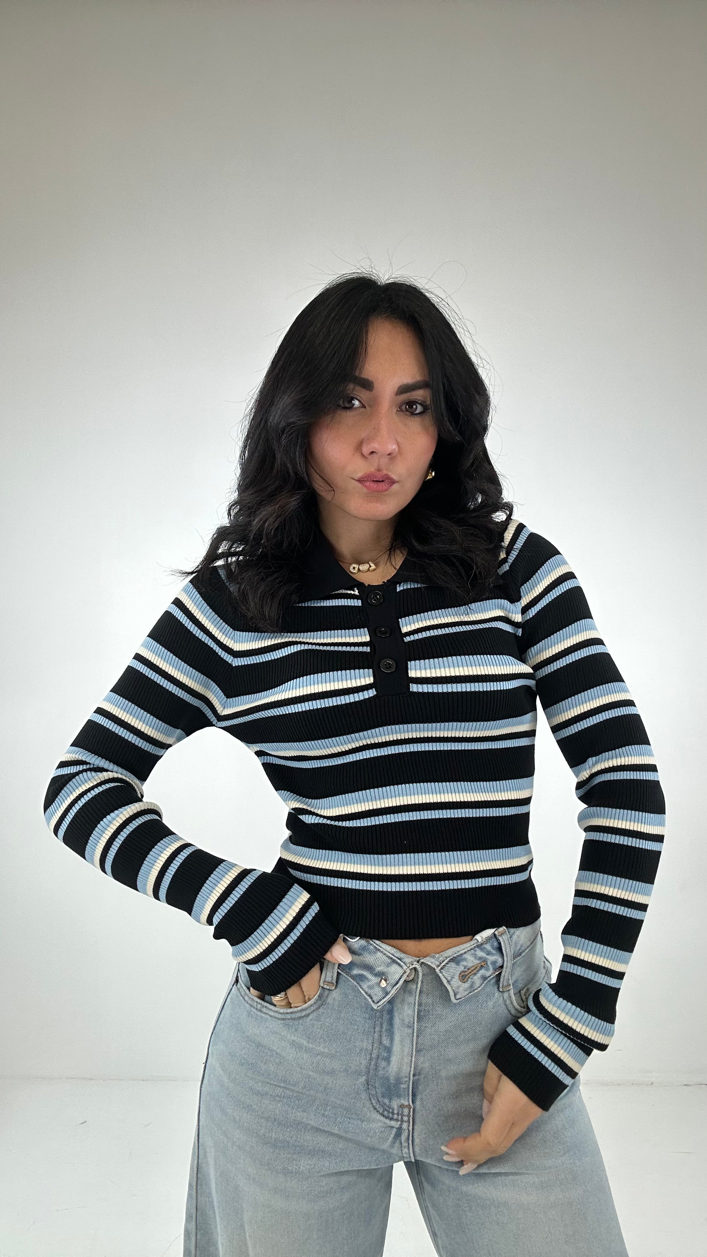 Polo CROPPED A RIGHE - NERO