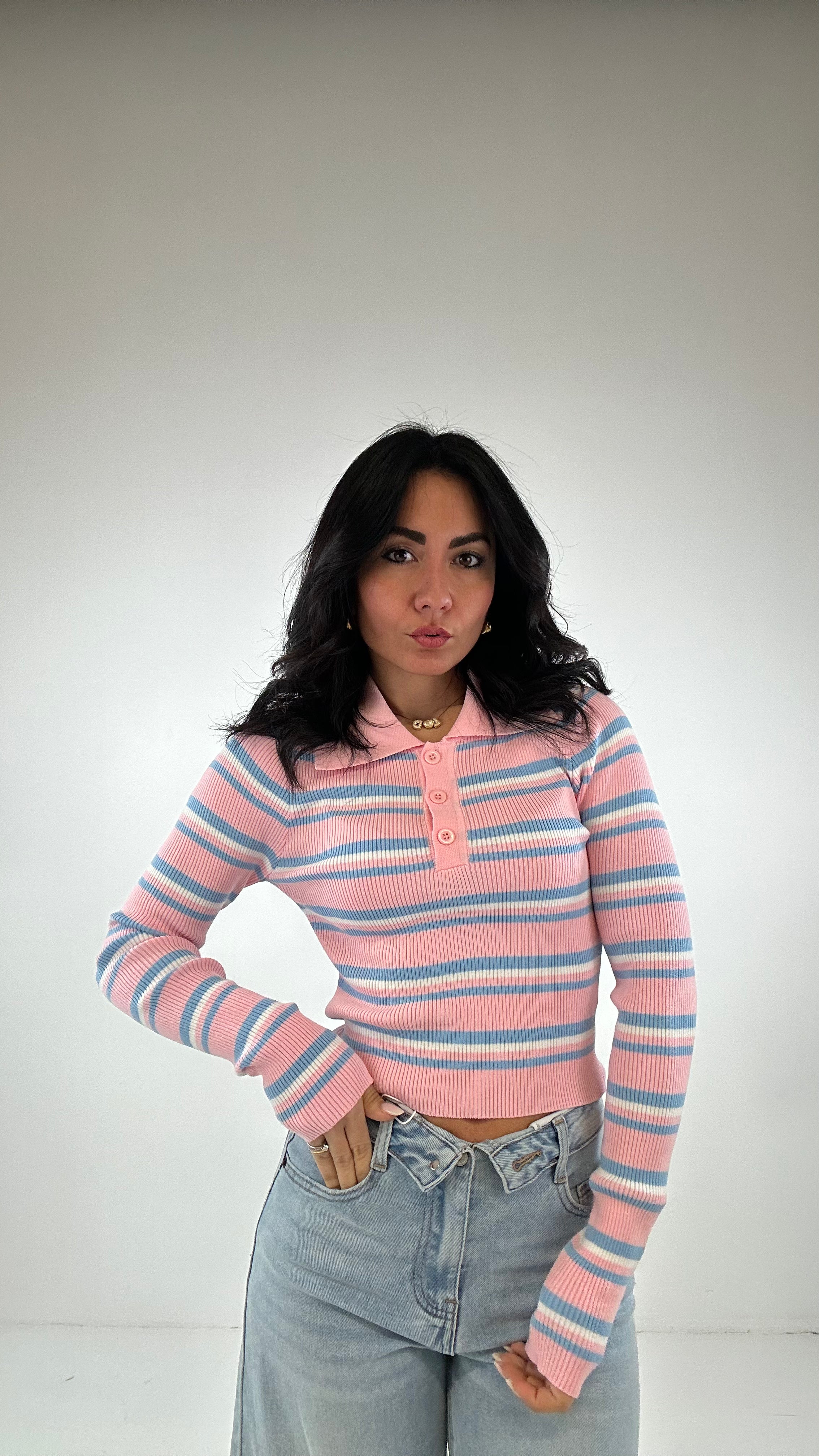Polo CROPPED A RIGHE - ROSA