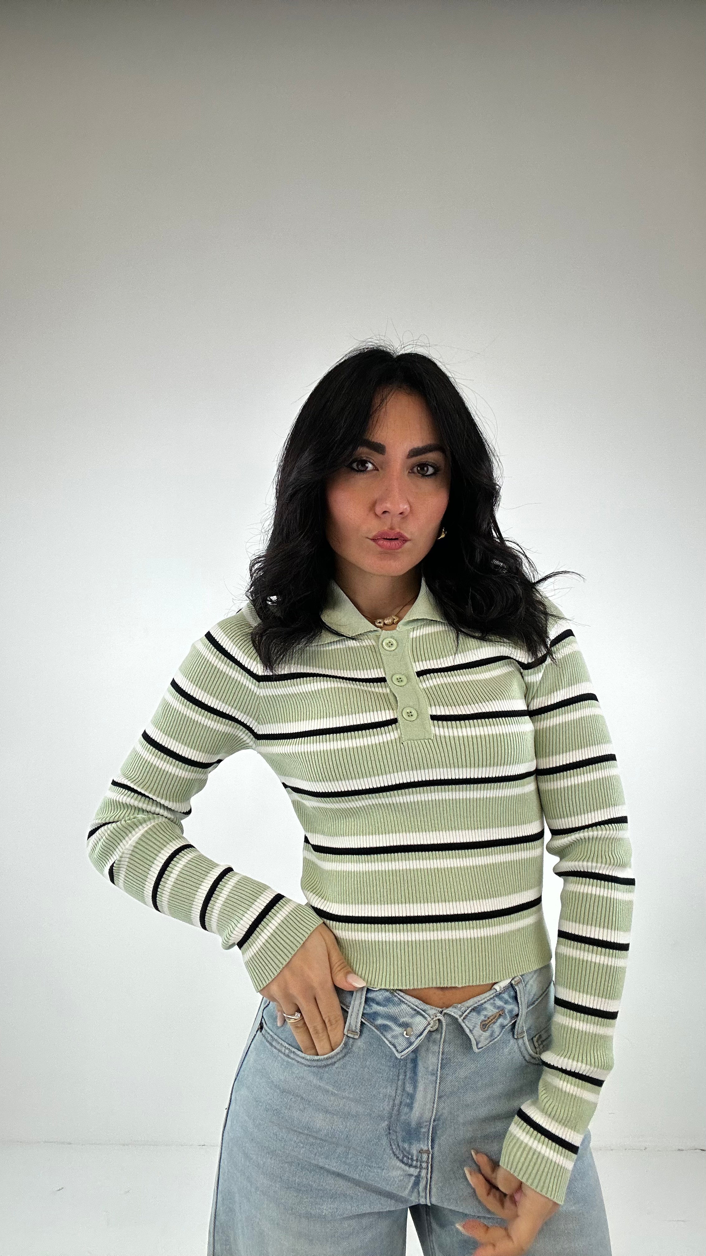 Polo CROPPED A RIGHE - VERDE
