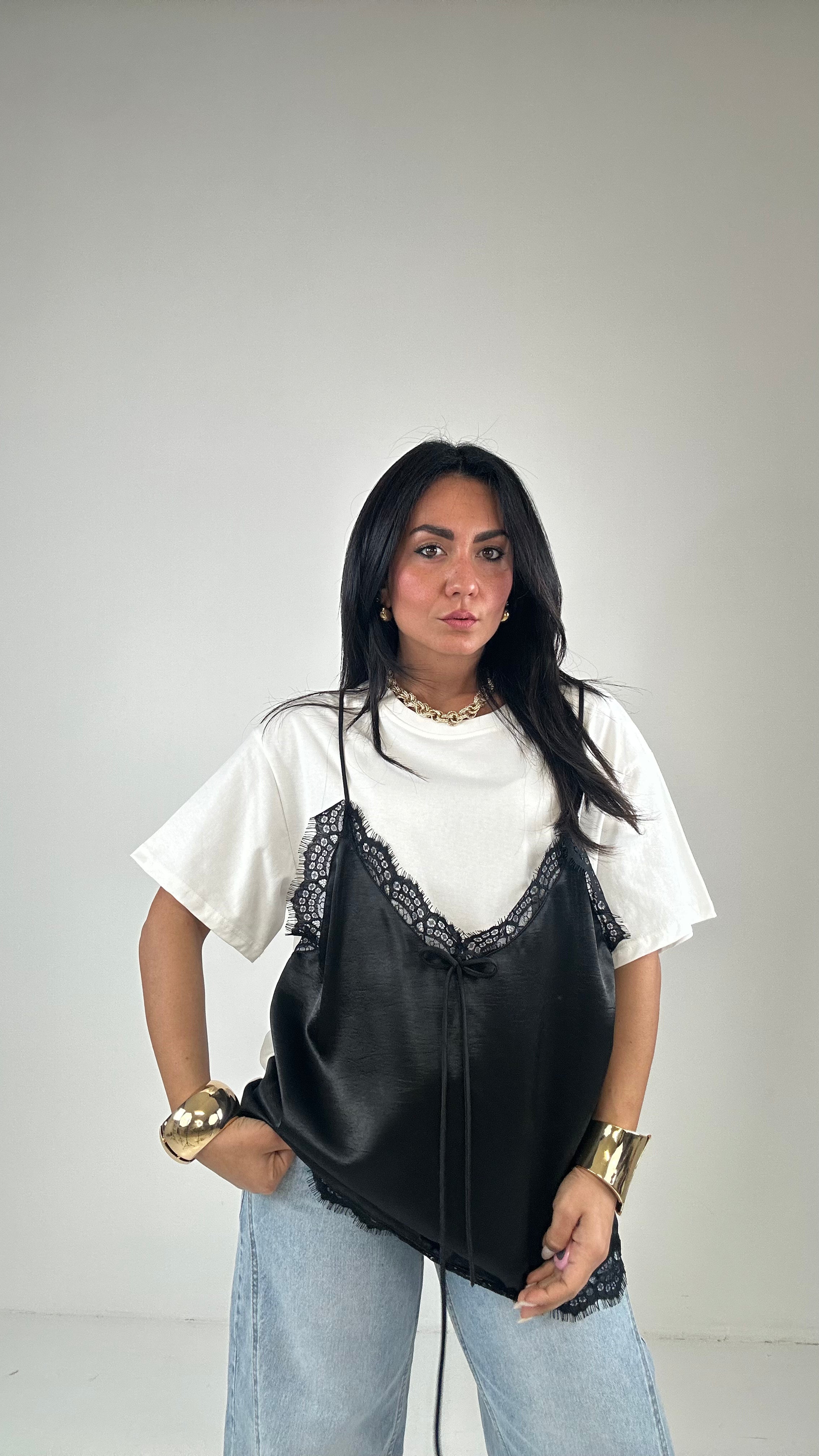 T-shirt CON TOP PIZZO - BIANCO
