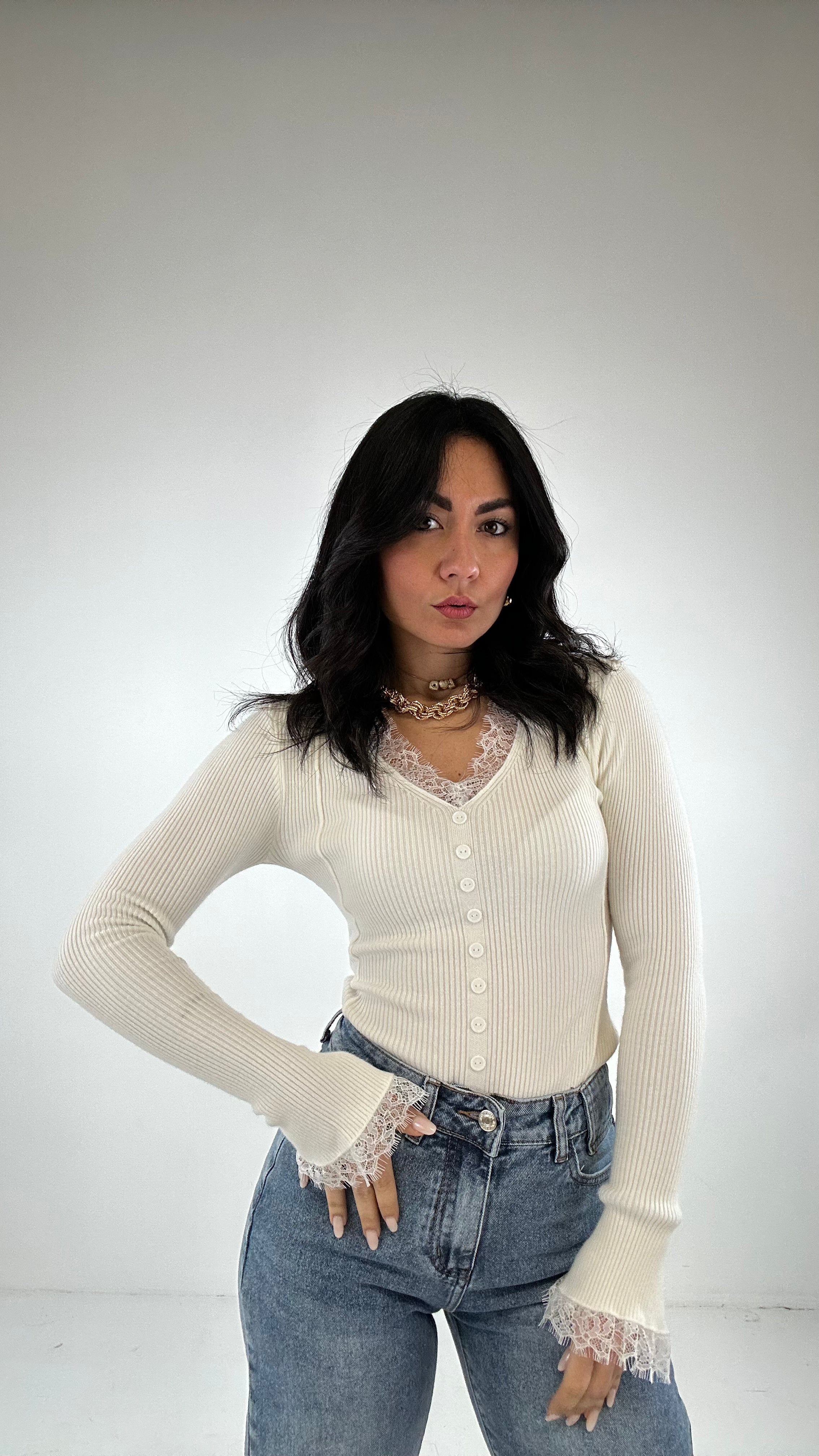 Cardigan BOTTONCINI E PIZZO - BIANCO