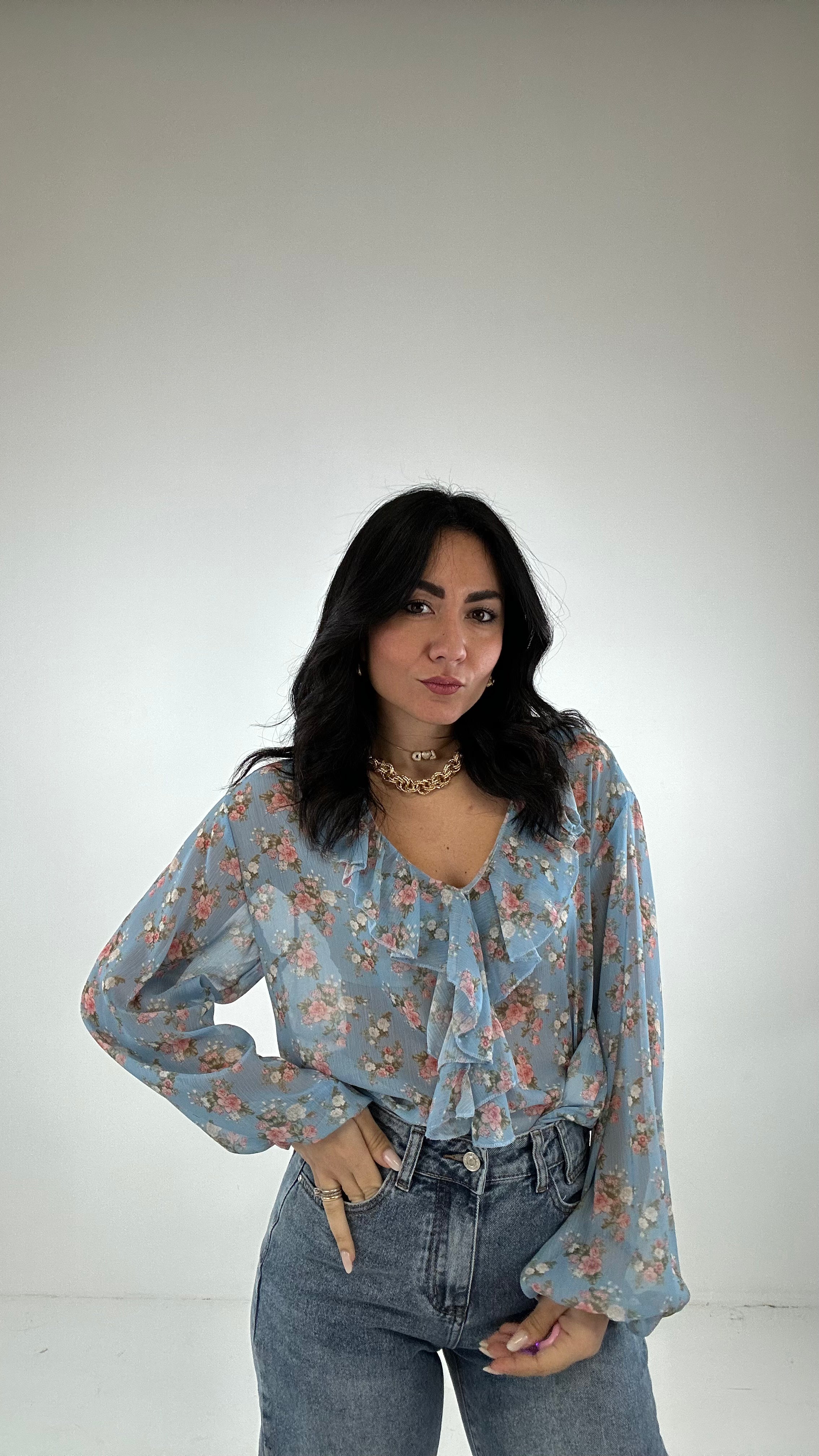 Blusa VOLANT FIORELLINI - CELESTE